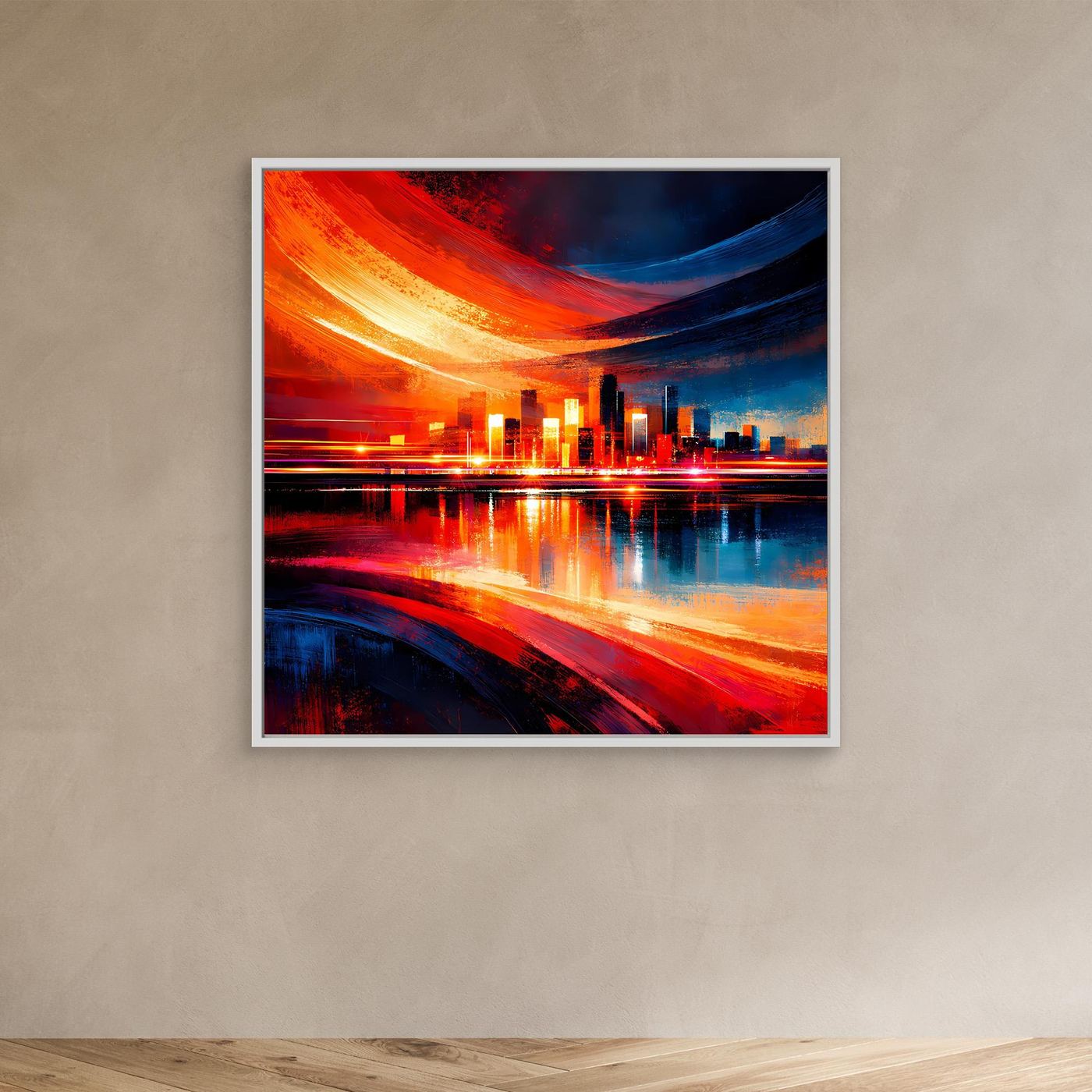 Abstraktes Skyline-Leinwandbild mit weißem Rahmen, nächtliche Lichtspuren in Rot und Blau