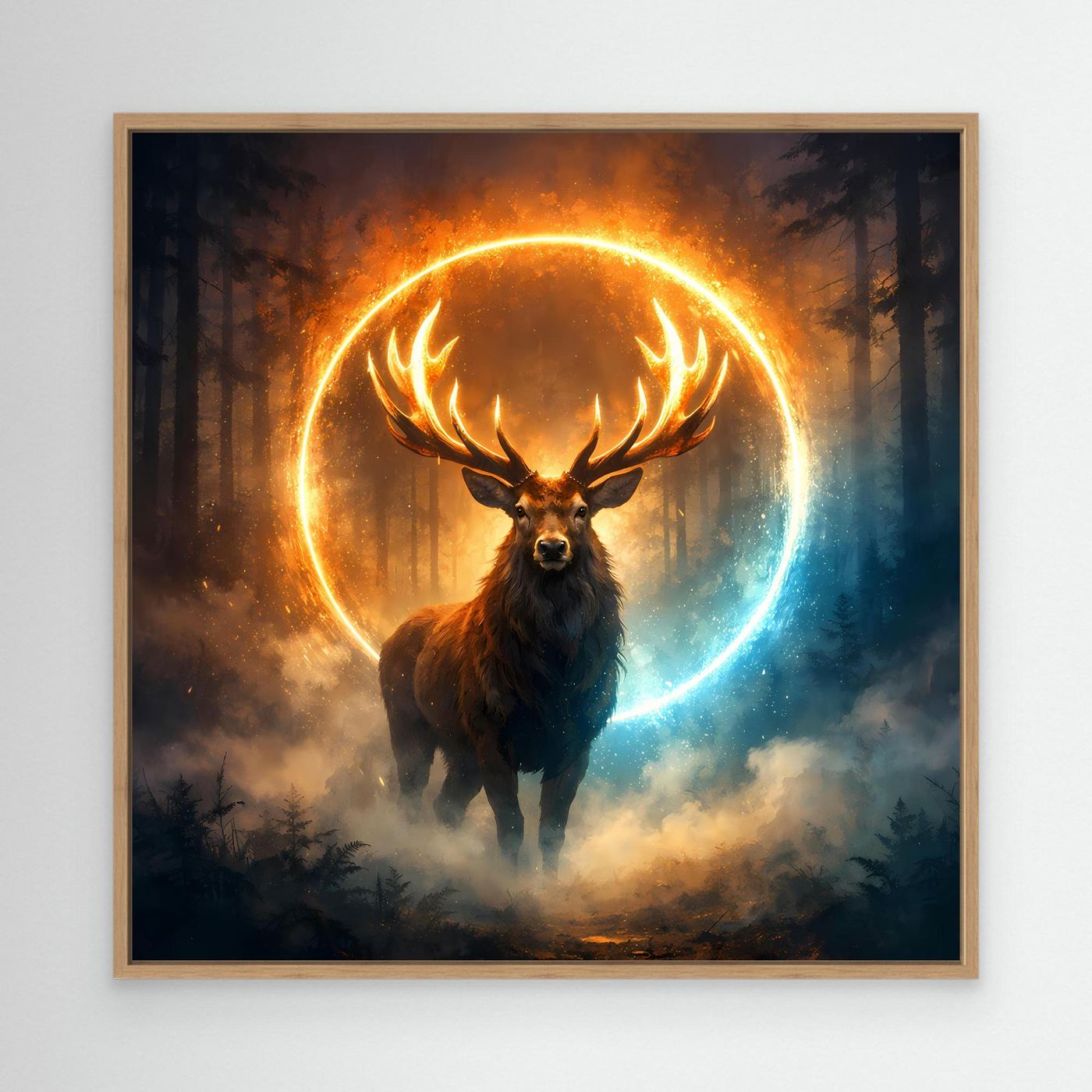 Leinwandbild mit Hirsch im leuchtenden Kreislicht, Eichenrahmen, am Motiv mit Wald