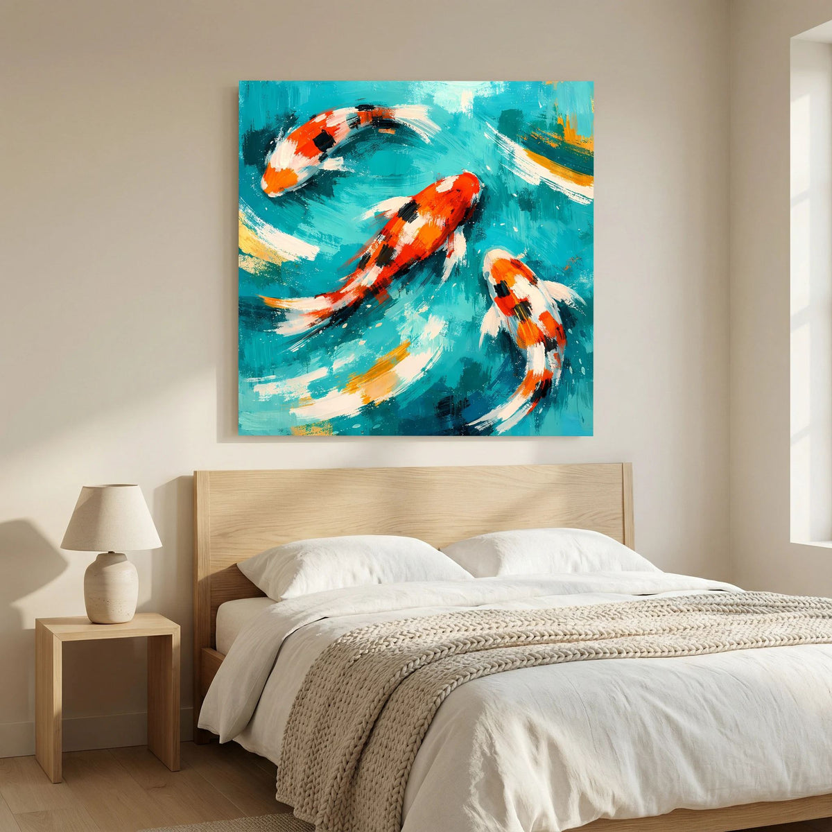 Wandbild mit Koi-Karpfen auf türkisgrünem Wasser, orange-weiße Fische mit schwarzem Muster