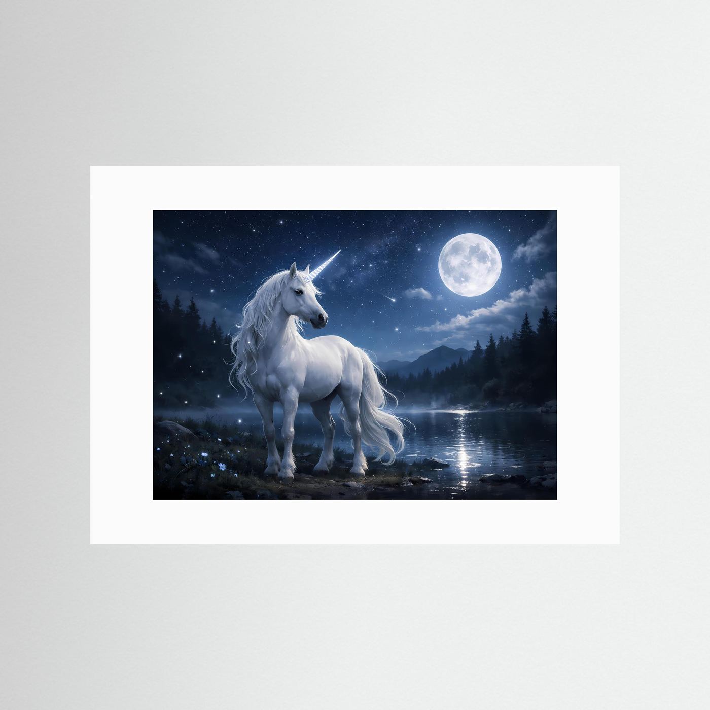 Einhorn-Poster im Mondschein, querformatig, mit weißem Passepartout
