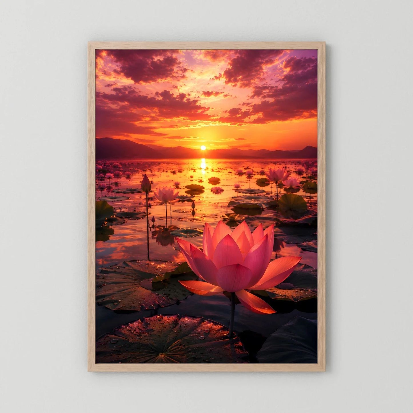 Poster im Holzrahmen mit roter Lotusblüte und Sonnenuntergangsmotiv.