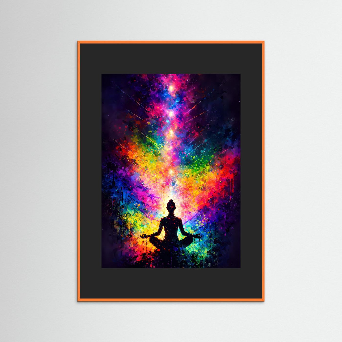 Yoga-Wandbild: buntes Kosmos-Poster mit schwarzer Einfassung und orangefarbenem Rahmen.