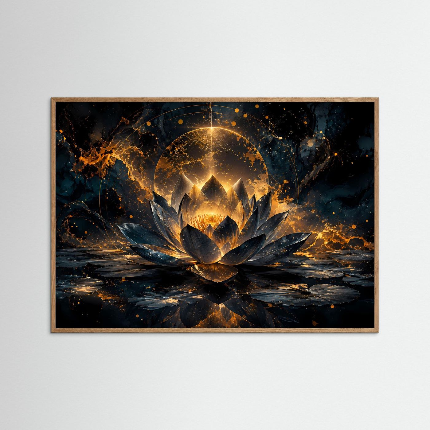 Goldener Lotus im Dunkeln Poster | Mystische Lotusblüte Schwarz Gold Elegantes Zen Wandbild Querformat