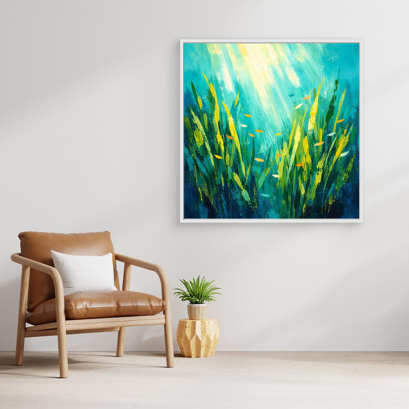 Leinwand Lichtdurchfluteter Algenwald unter Wasser | Abstraktes Ozean Wandbild
