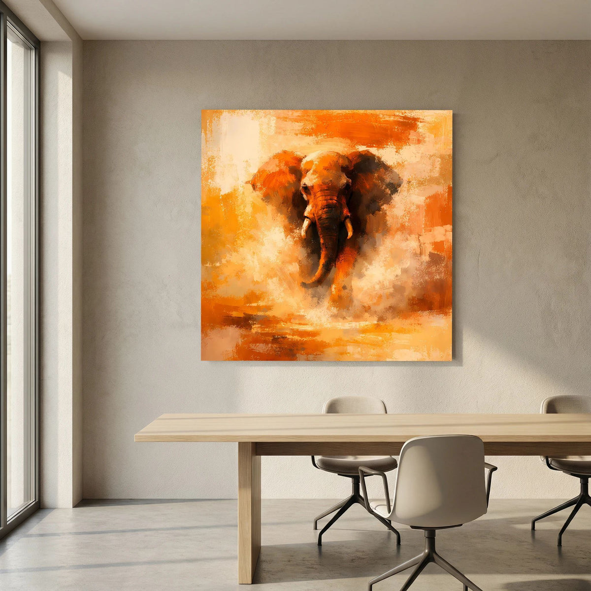 Leinwand Abstraktes Elefanten Gemälde | Modernes Kraftvolles Tier Wandbild Orange Ocker