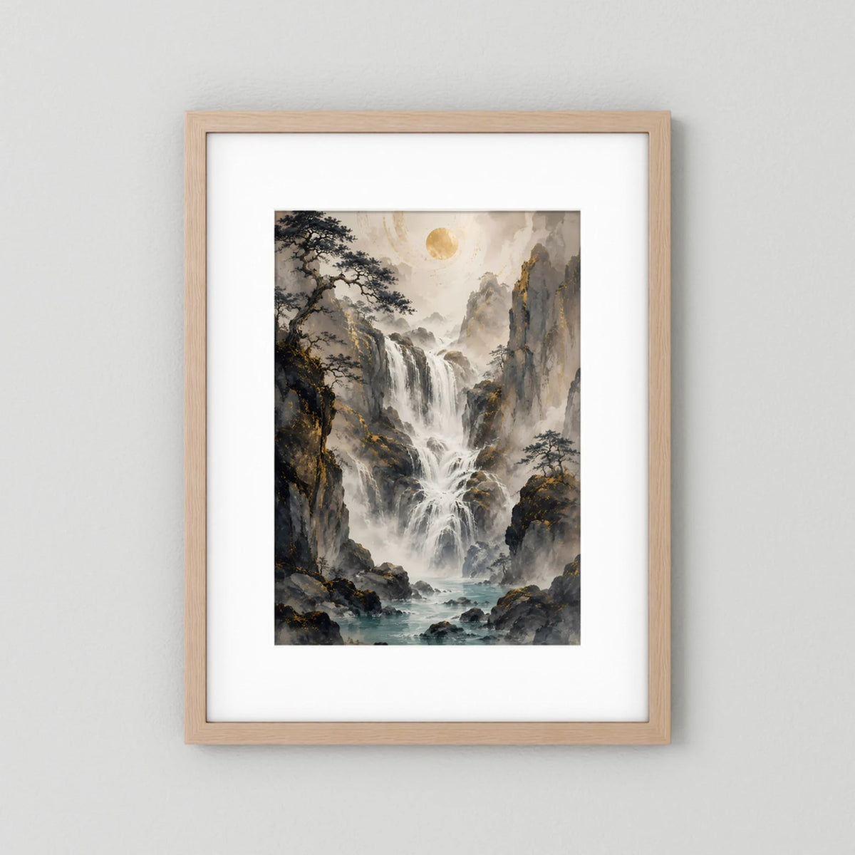 Hochformat-Poster mit Wasserfall in Berglandschaft, helmer Holzrahmen, weißes Passepartout