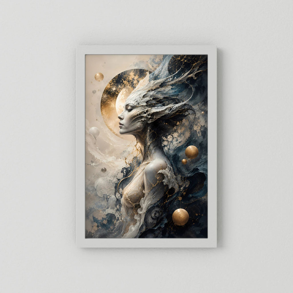 Kosmische Göttin | Mystische Fantasy Frau in Schwarz Gold | Poster Hochformat
