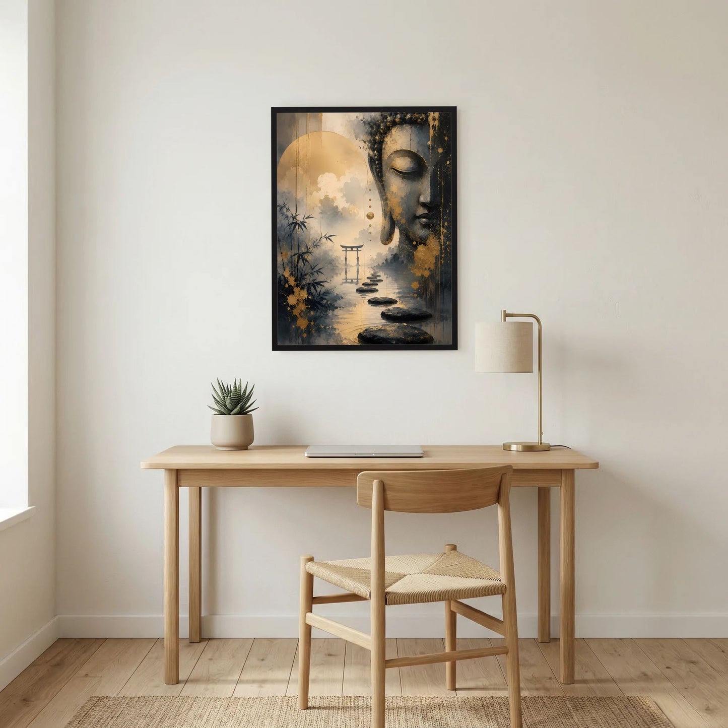 Hochformatiges Wandposter: Buddha-Gesicht in Gold-Schwarz, dahinter Nebel-Landschaft mit Torii, schwarz gerahmt