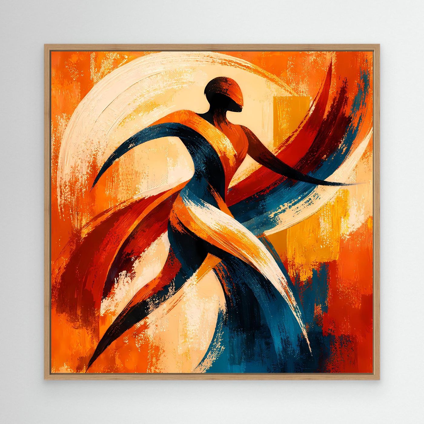 Leinwandbild abstrakte Tänzer-Silhouette mit Eichenholzrahmen, orange, rot und blau
