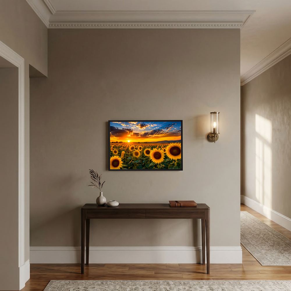 Querformat-Poster mit Sonnenblumenfeld bei Sonnenuntergang, farbiger Himmel, im dunklen Rahmen