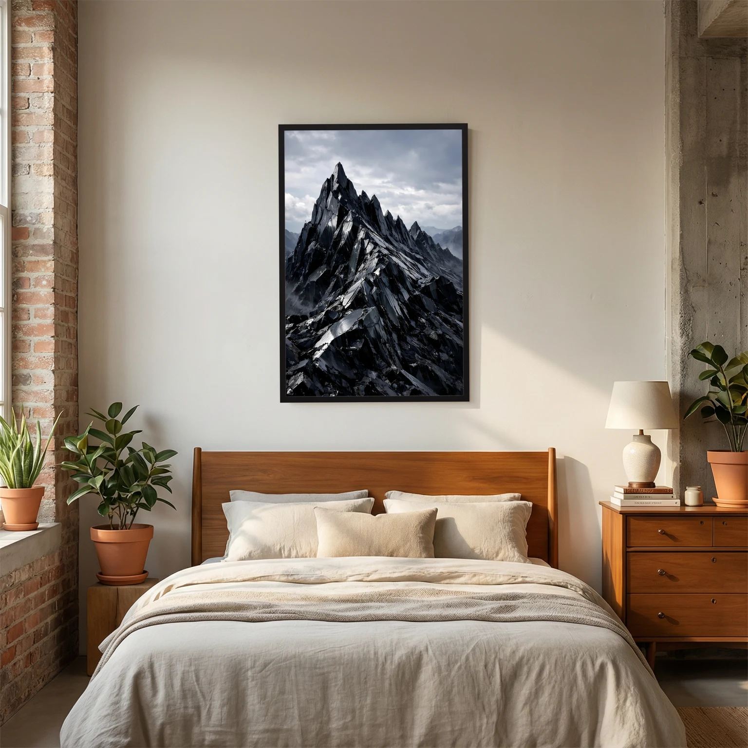 Wandbild-Poster mit schwarzem Rahmen und Kristallbergmotiv in Schwarz-Grau, Hochformat.