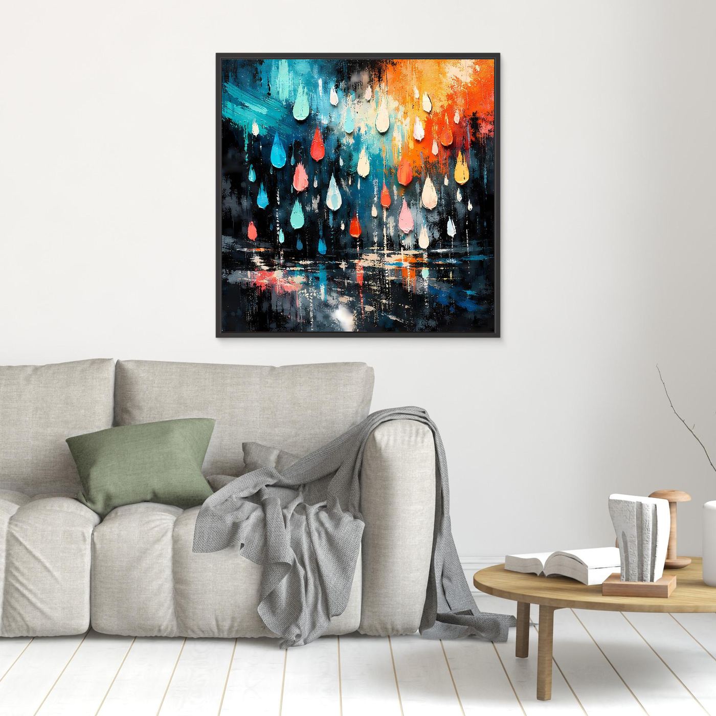 Abstraktes Wandbild mit bunten Regentropfen in Blau und Orange, gerahmt über Sofa