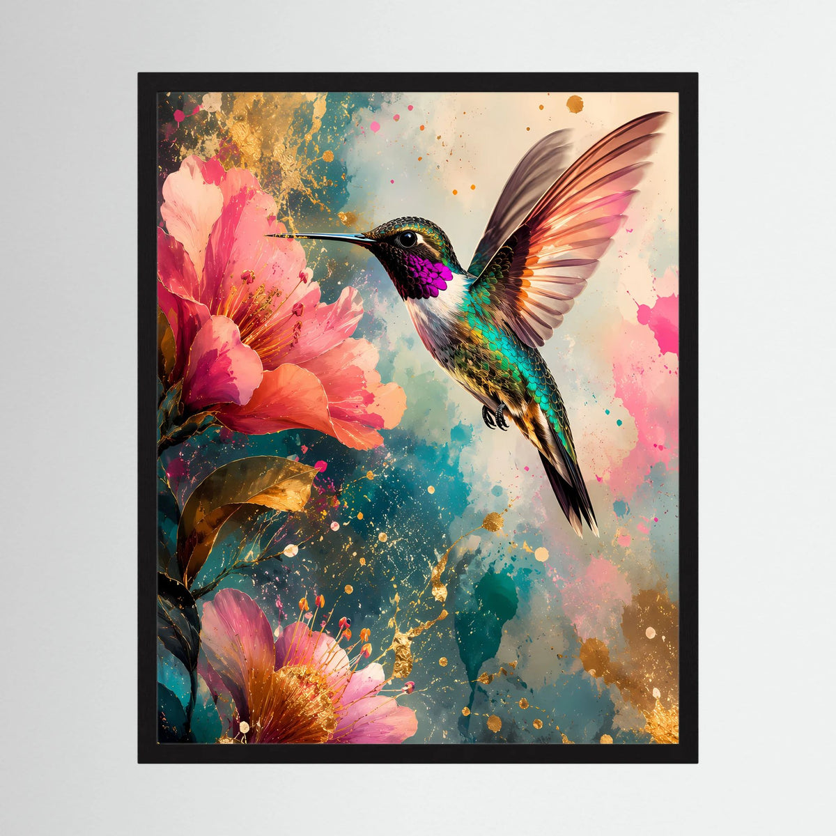 Gerahmtes Hochformat-Kunstposter mit Kolibri, buntes Blütenmotiv und goldene Akzente