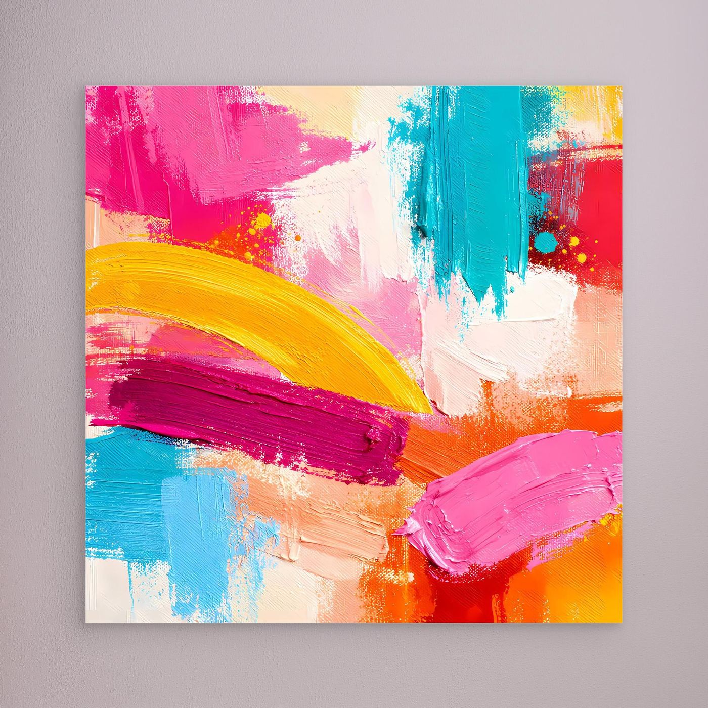 Abstract pastel canvas wall art with no visible frame, pink, teal, yellow, and orange brushstrokes