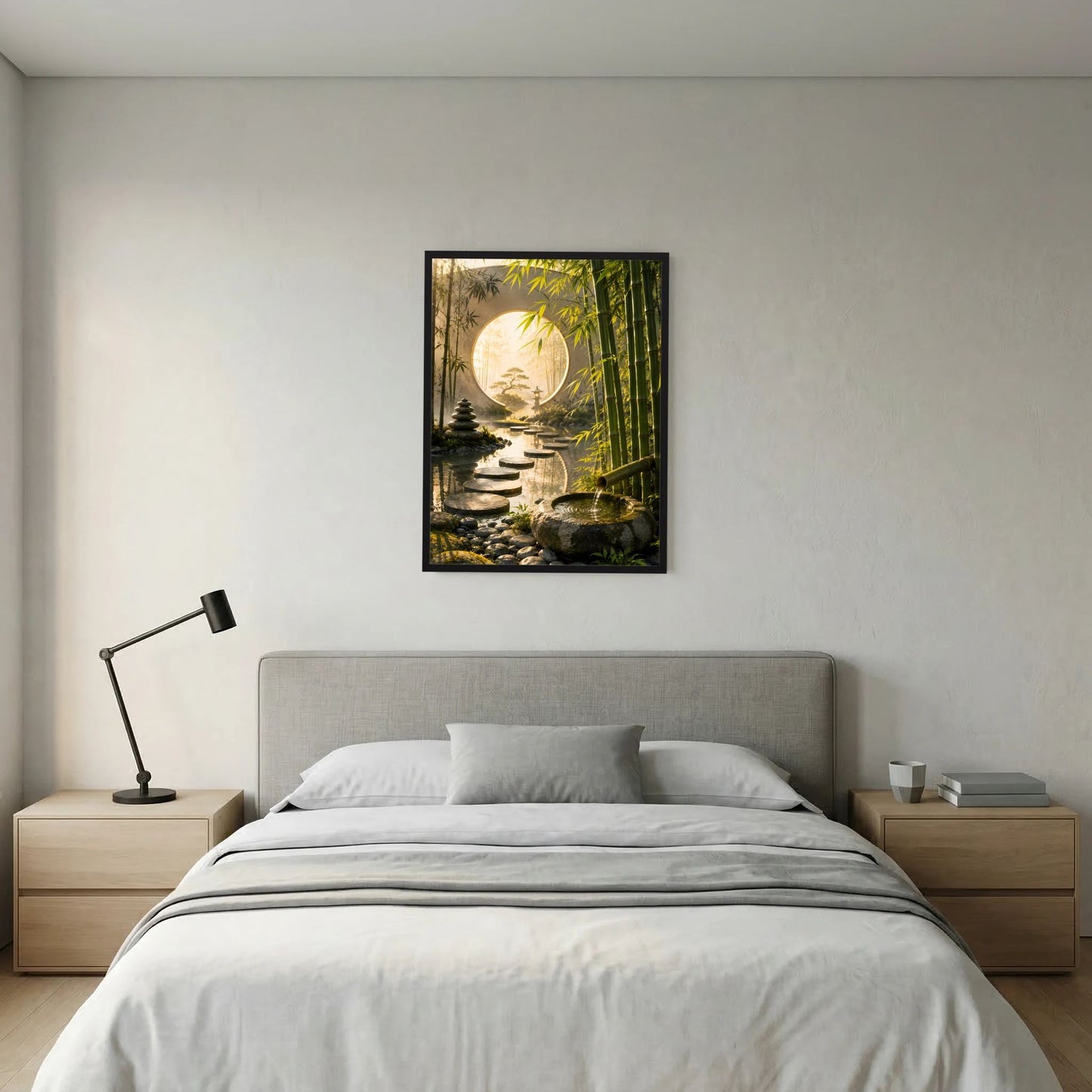 Zen-Garten-Poster mit rundem Mondtor, Bambuswald und Trittsteinen im Fluss, schwarzer Rahmen