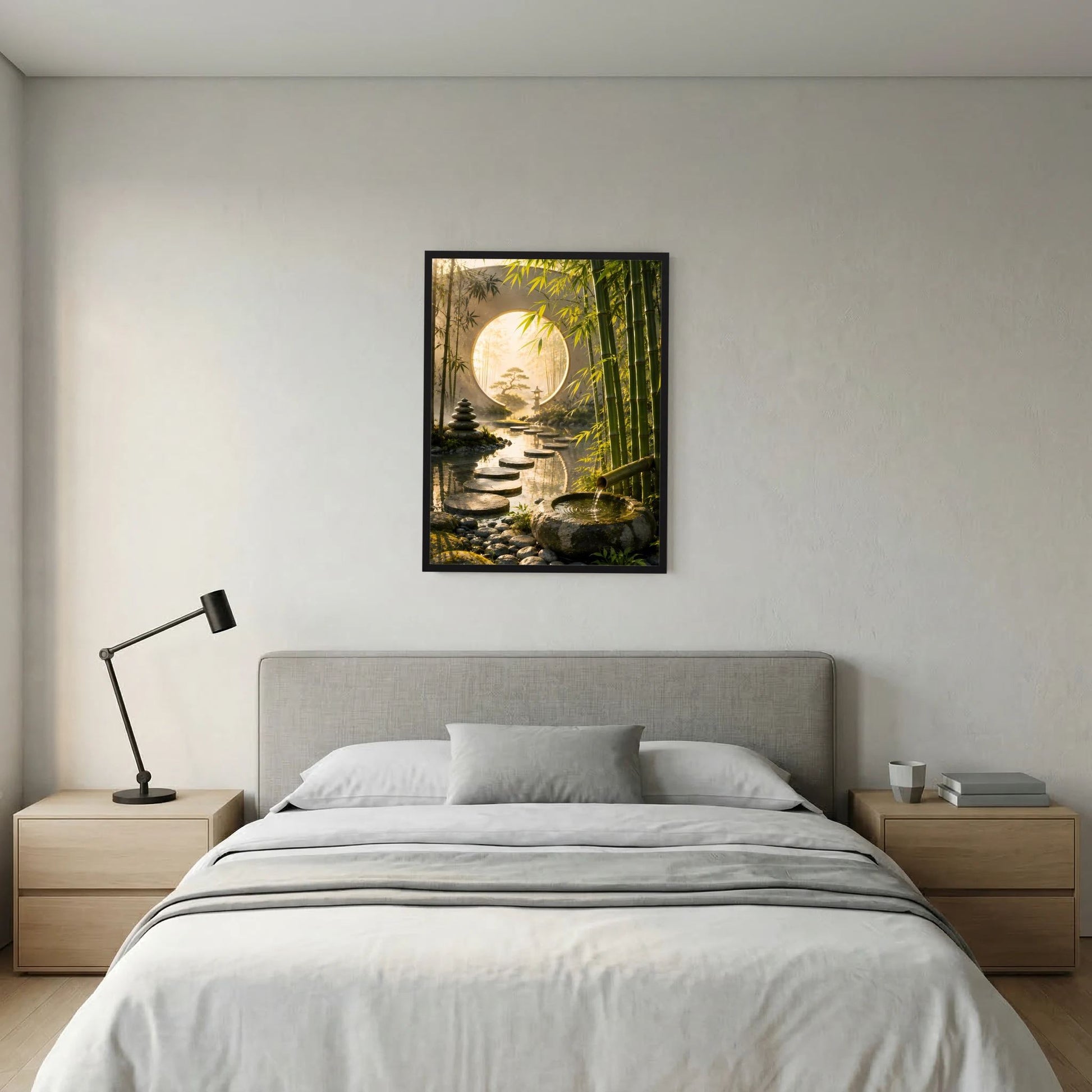 Zen-Garten-Poster mit rundem Mondtor, Bambuswald und Trittsteinen im Fluss, schwarzer Rahmen