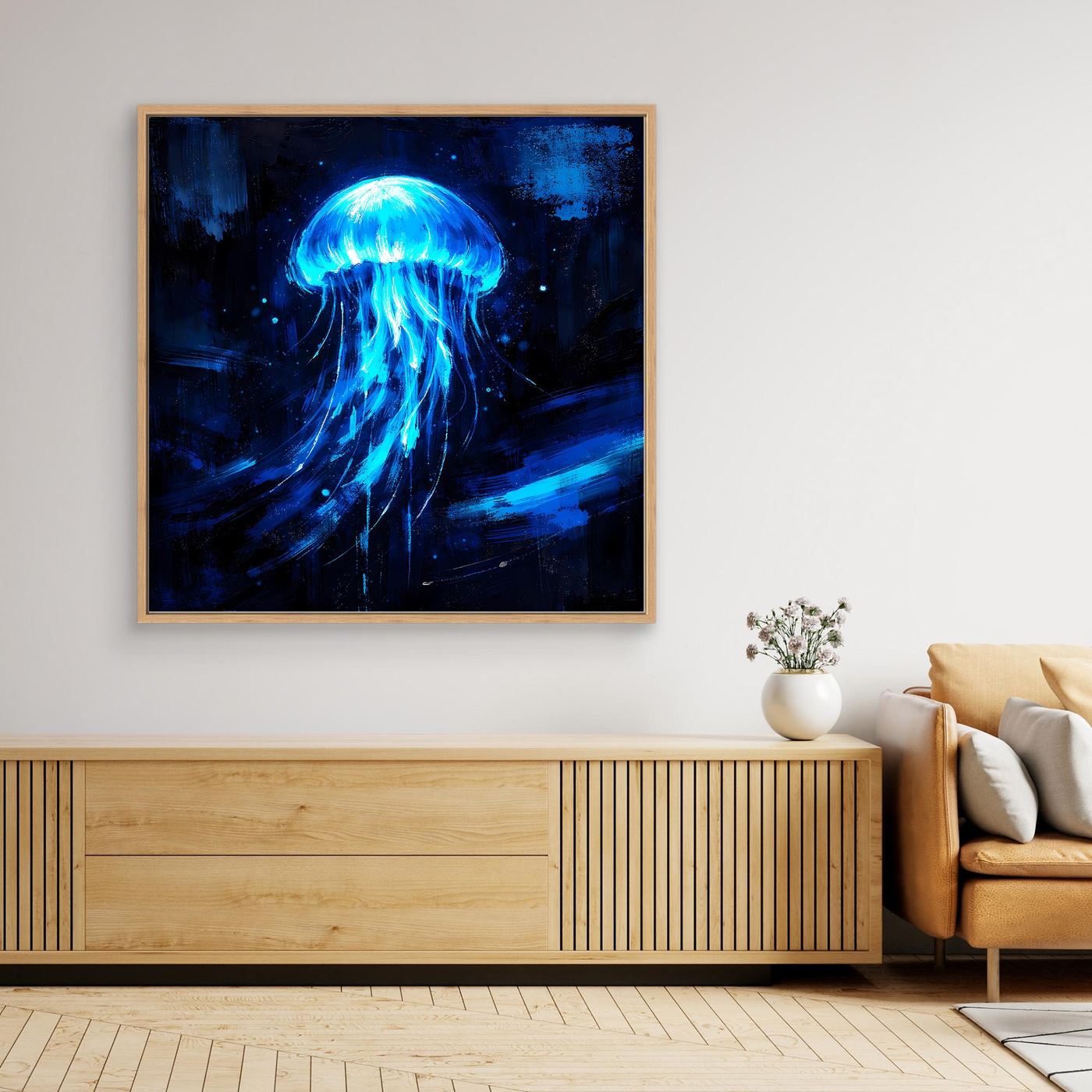 Leinwand Leuchtende Qualle im Tiefsee-Ozean | Abstraktes Biolumineszenz Wandbild
