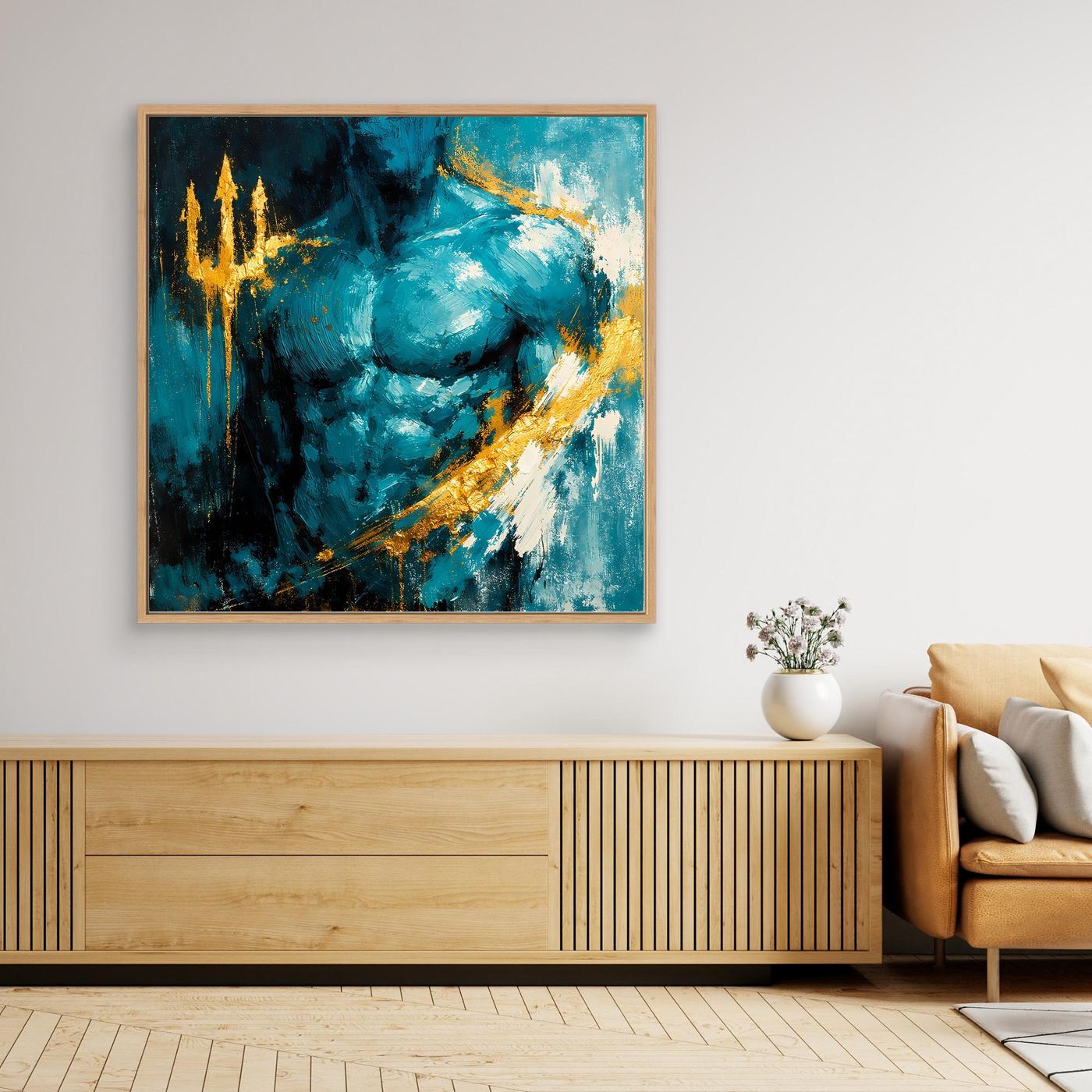 Leinwand Kraftvoller Poseidon in Türkis | Abstraktes Meeresgott Wandbild Gold