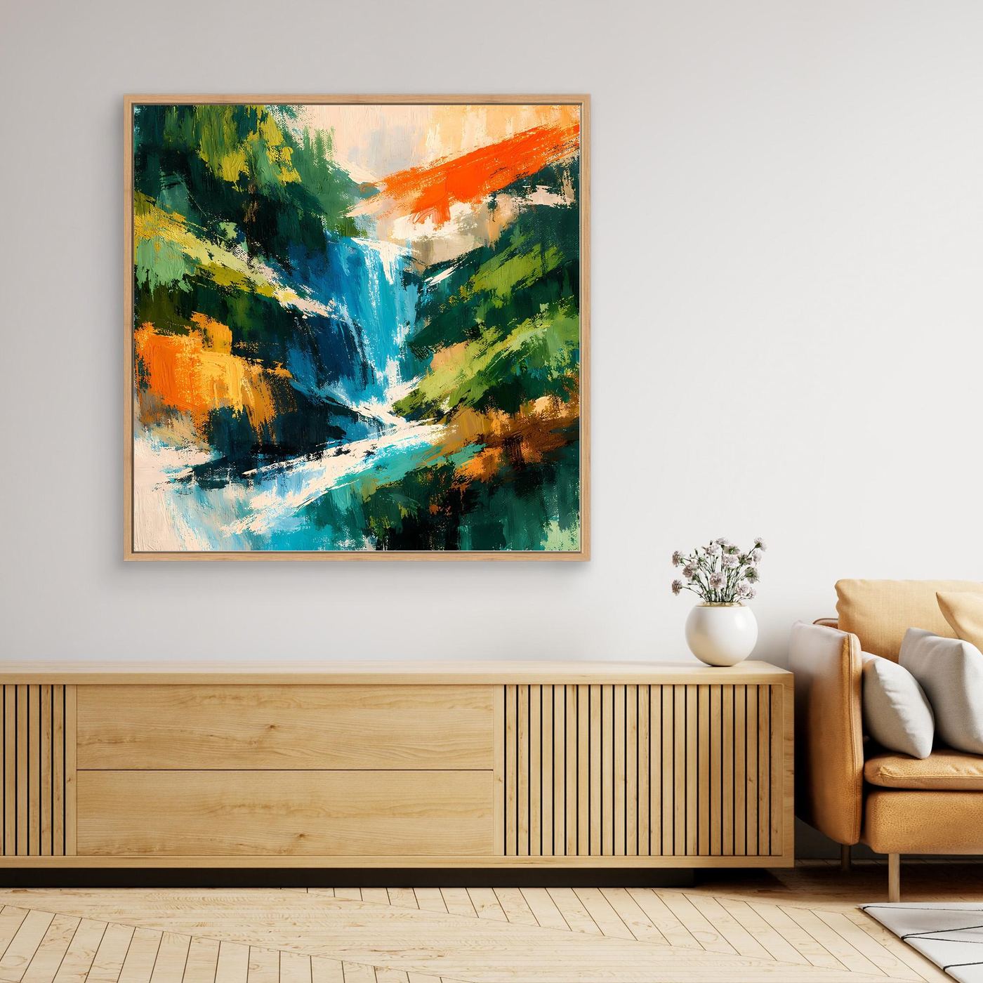 Abstraktes Leinwand-Wandbild mit Wasserfall-Motiv, brauner Holzrahmen