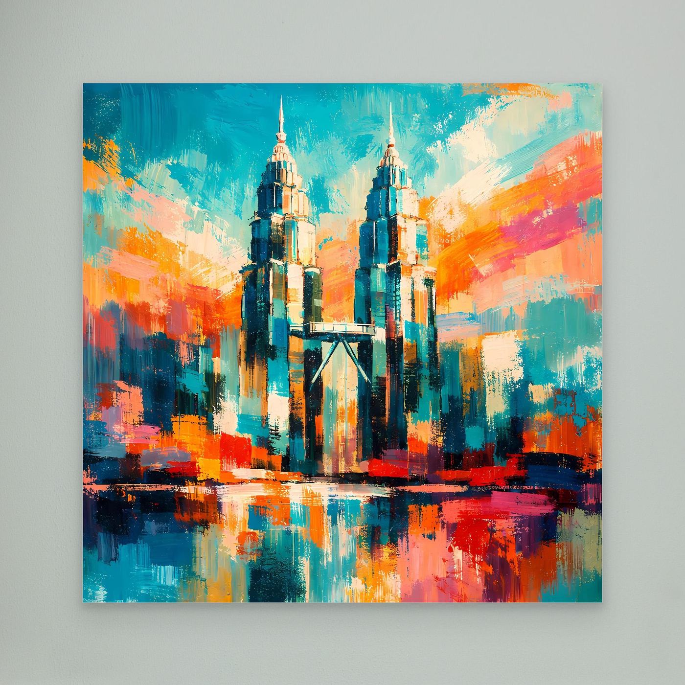 Abstraktes Leinwand-Wandbild: Petronas-Türme in kräftigen Blau-Orange-Tönen mit Spiegelung