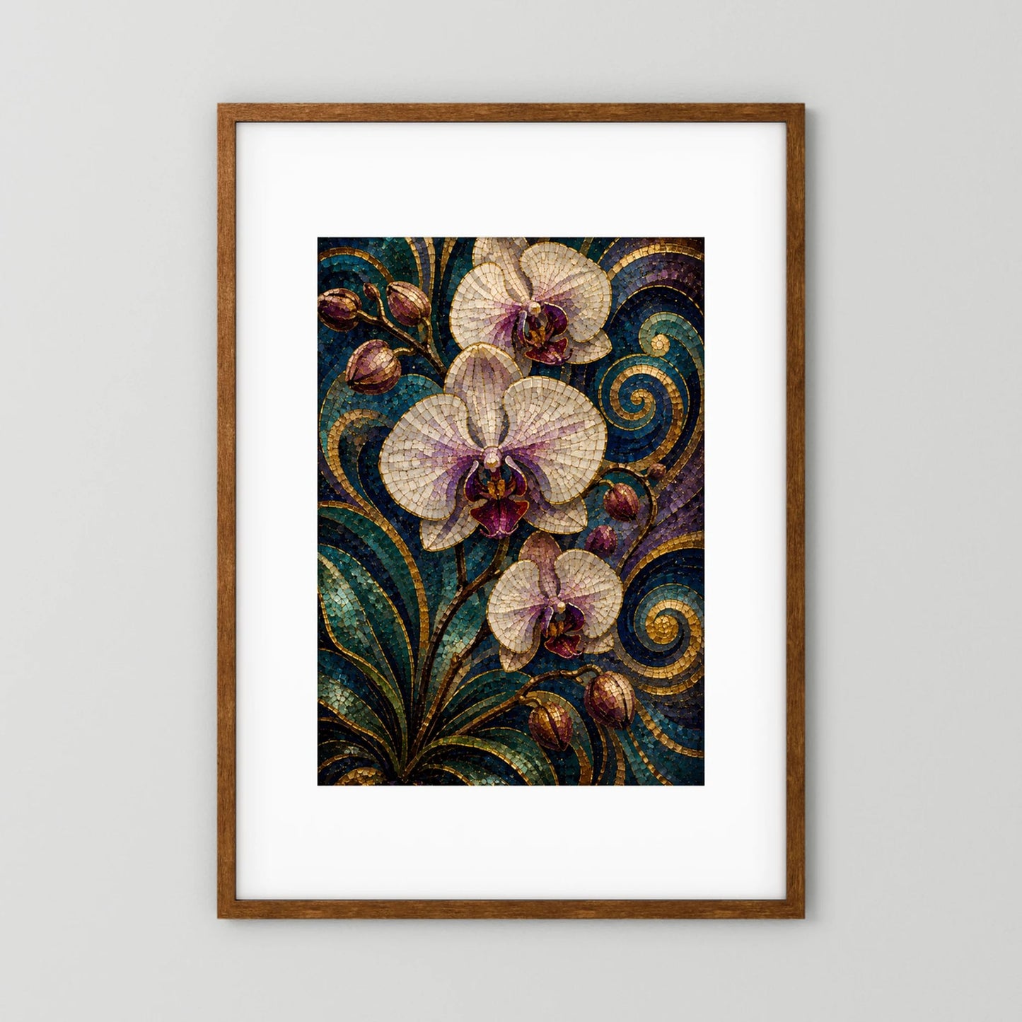 Hochformat-Poster mit weißen Orchideen im Mosaikstil, türkisfarbener Hintergrund, goldene Akzente
