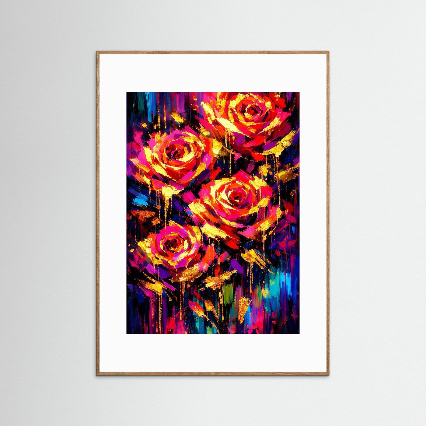 Kunstposter mit abstrakten Rosen im Hochformat, goldbrauner Rahmen, kräftige Farben