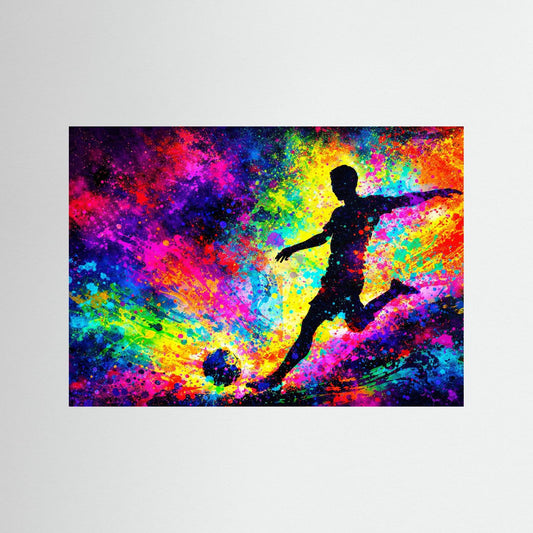 Sportposter mit Fußballer-Silhouette und farbenfroher Sprühfarbe im Farbverlauf