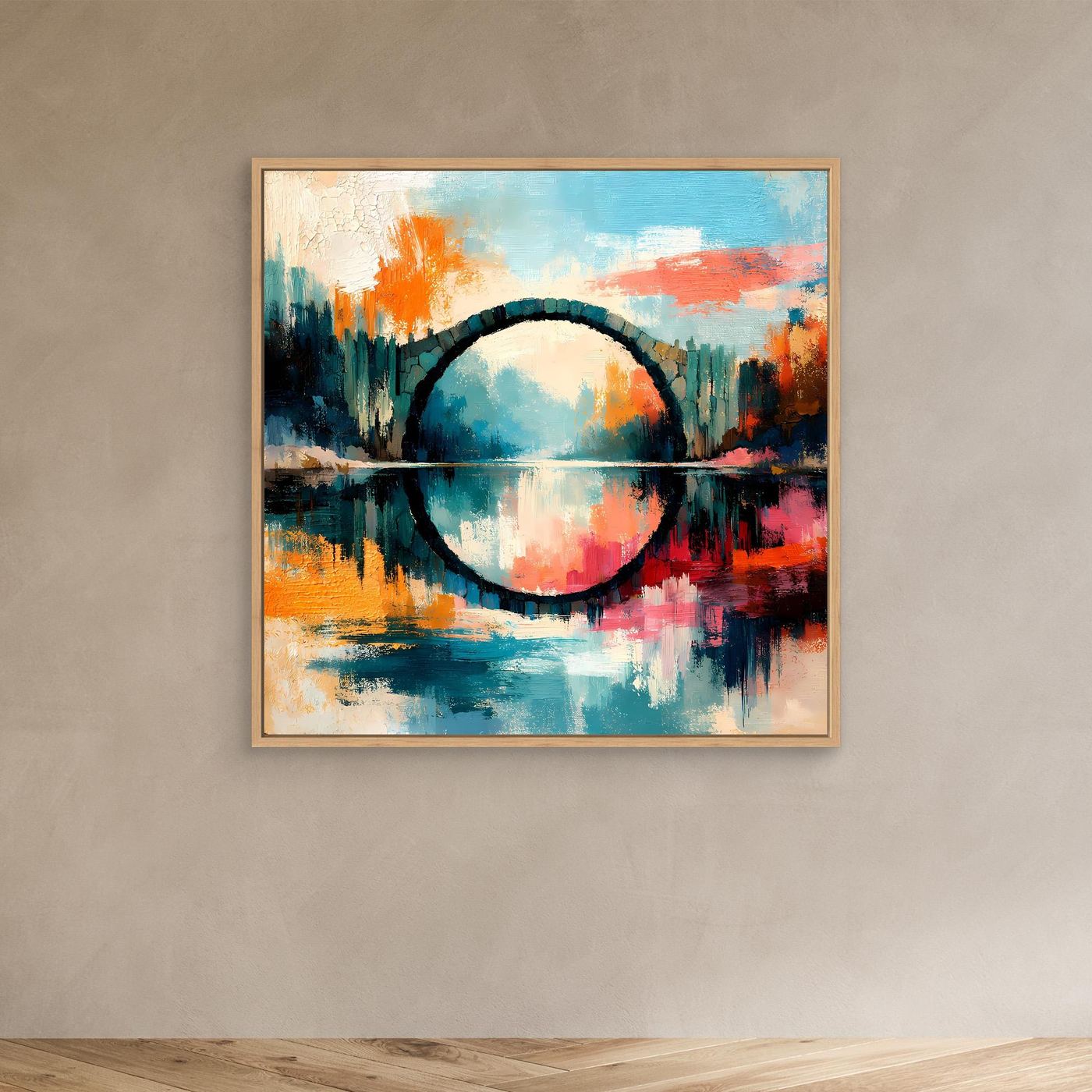 Premium Leinwand Mystische Kreisbrücke im Wasser | Abstraktes Natur Wandbild farbenfroh