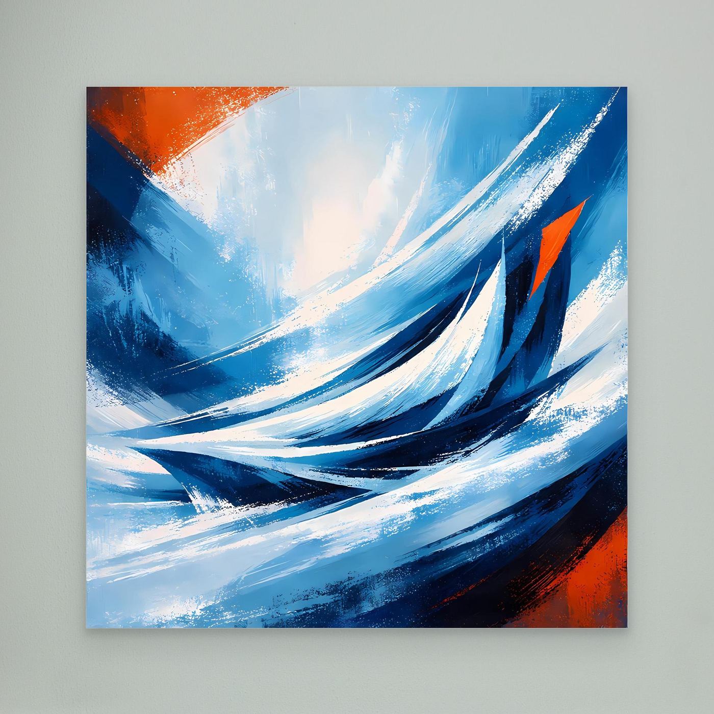 Leinwandbild mit abstrakten Wellen in Blau und Weiß, orange Akzente im weißen Rand
