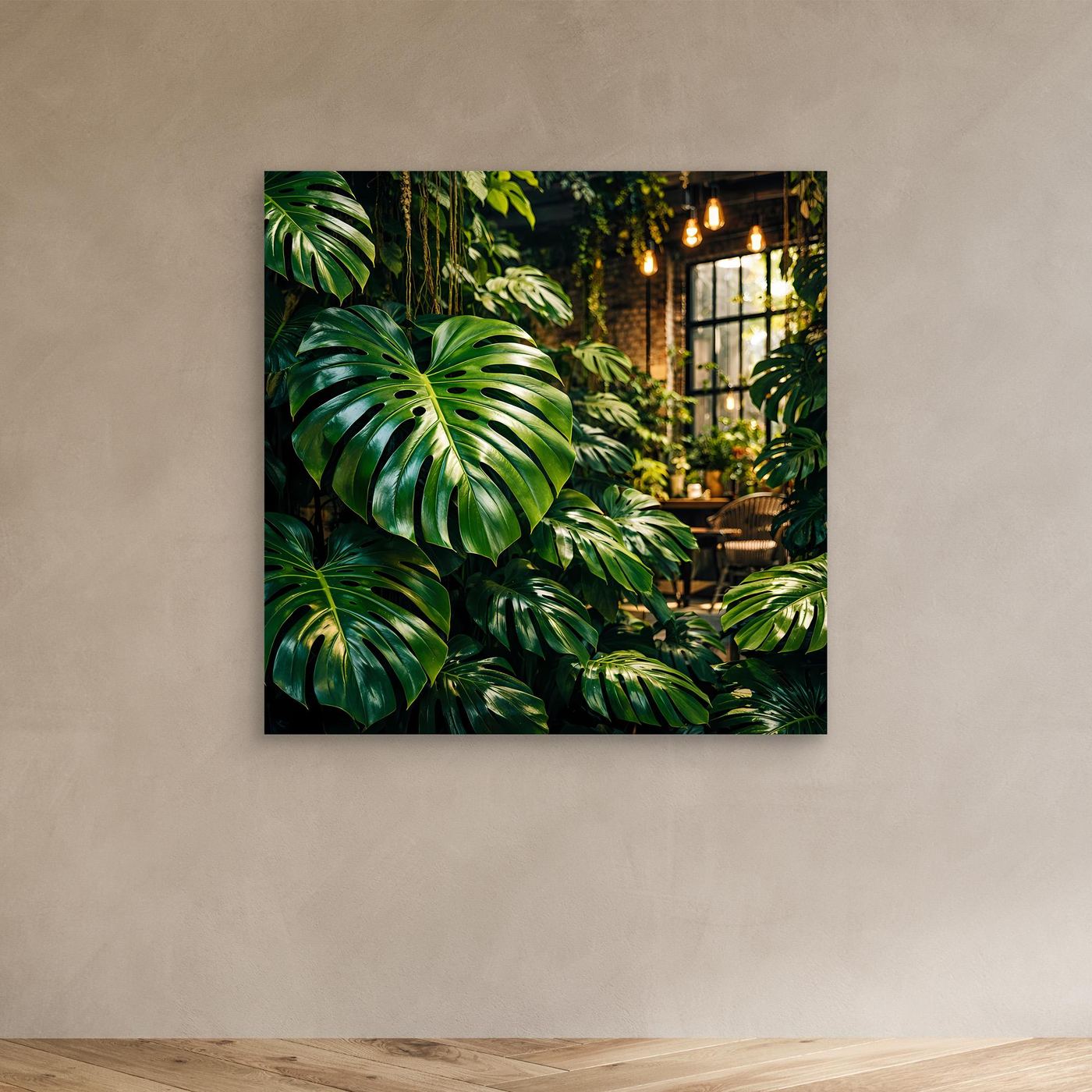 Leinwandbild mit grünen Monstera- und Dschungelblättern, ohne Rahmen