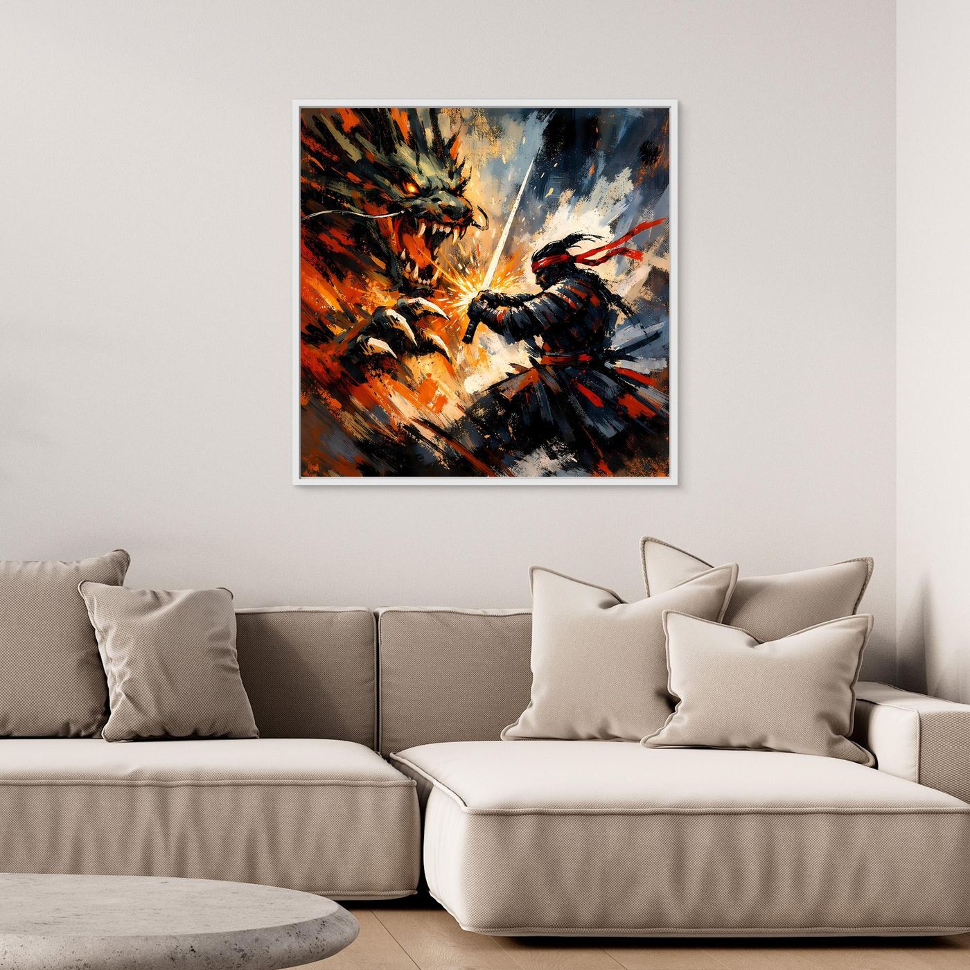 Premium Leinwand Samurai gegen Drache | Abstraktes Fantasy Wandbild Voller Dynamik & Kampfgeist