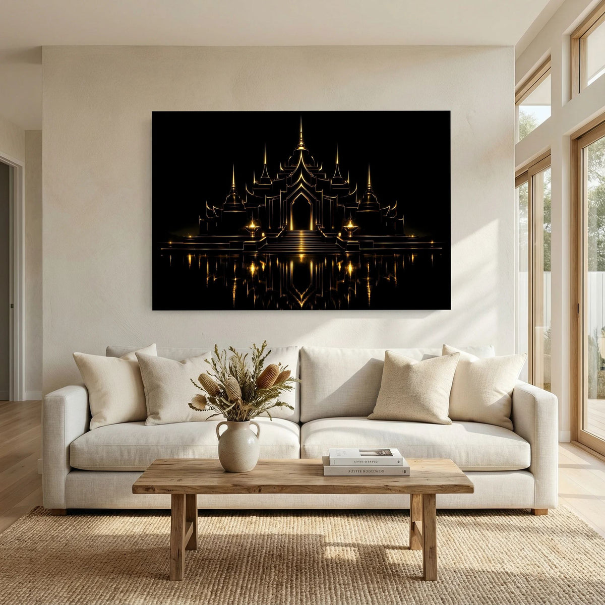 Wandbild im Querformat mit goldener Tempelansicht und spiegelnder Silhouette auf schwarzem Grund