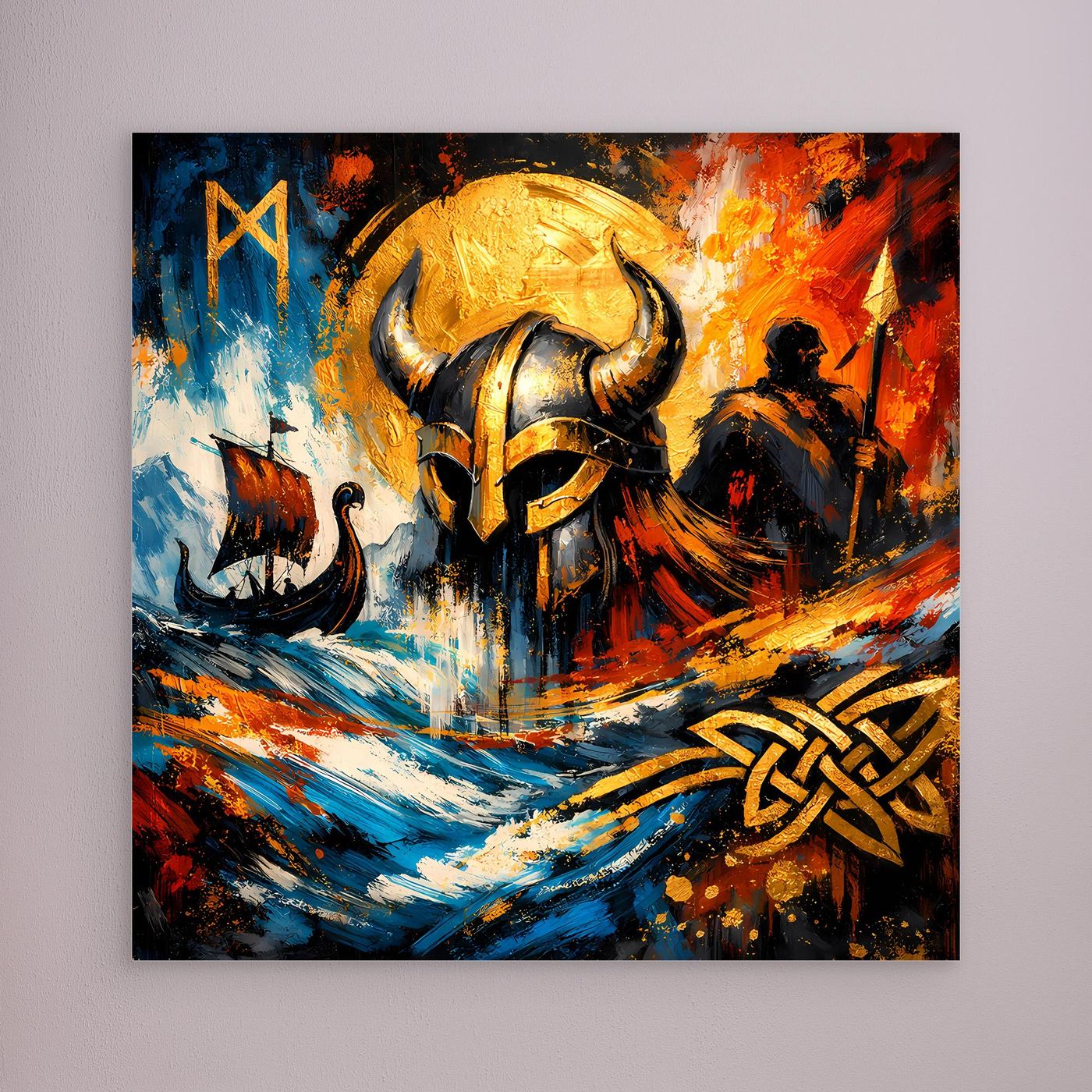 Leinwandbild mit Wikingerhelm-Motiv im abstrakten Mythologie-Stil