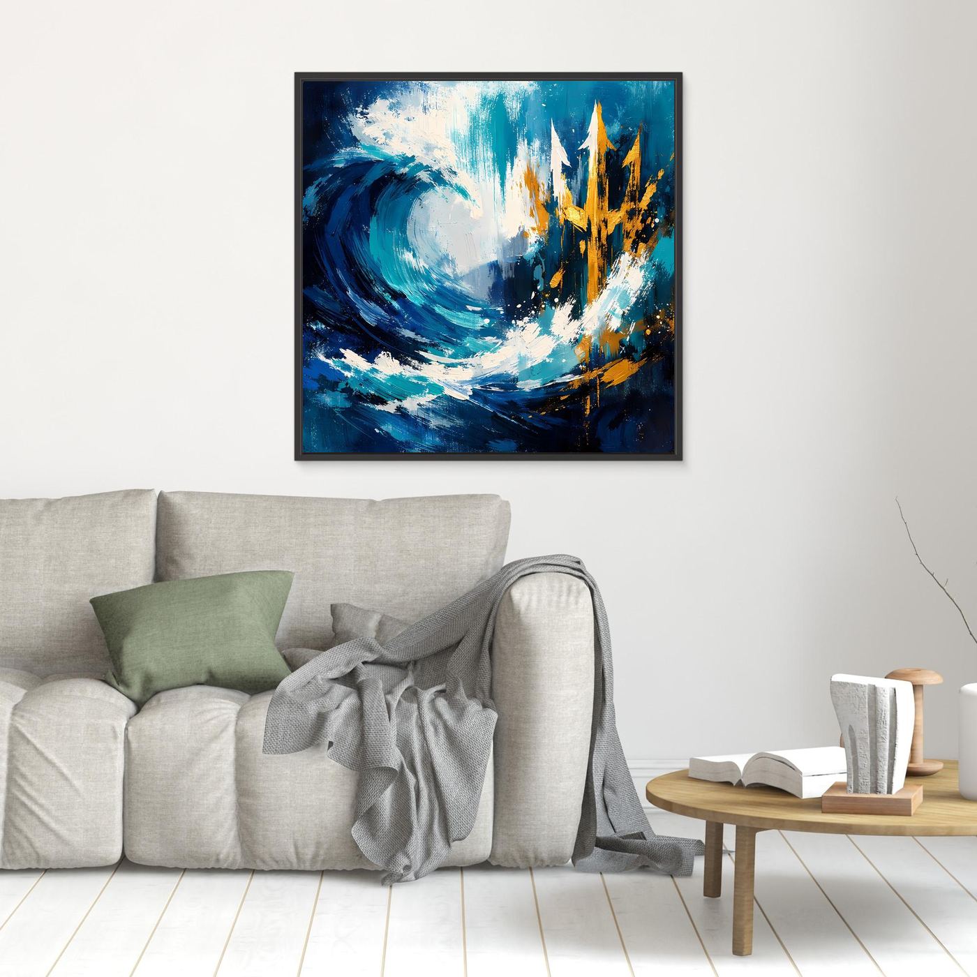Black-framed ocean wave canvas art with gold skyline and blue abstract brush strokes