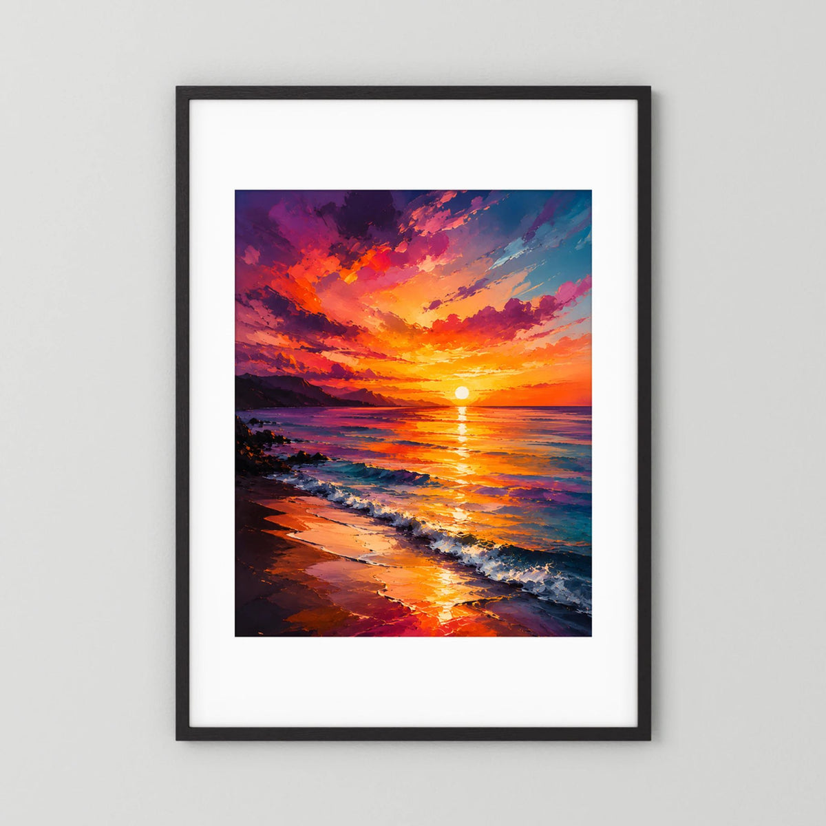 Kunstposter Sonnenuntergang am Meer mit leuchtender Sonne, schwarzer Rahmen, Hochformat