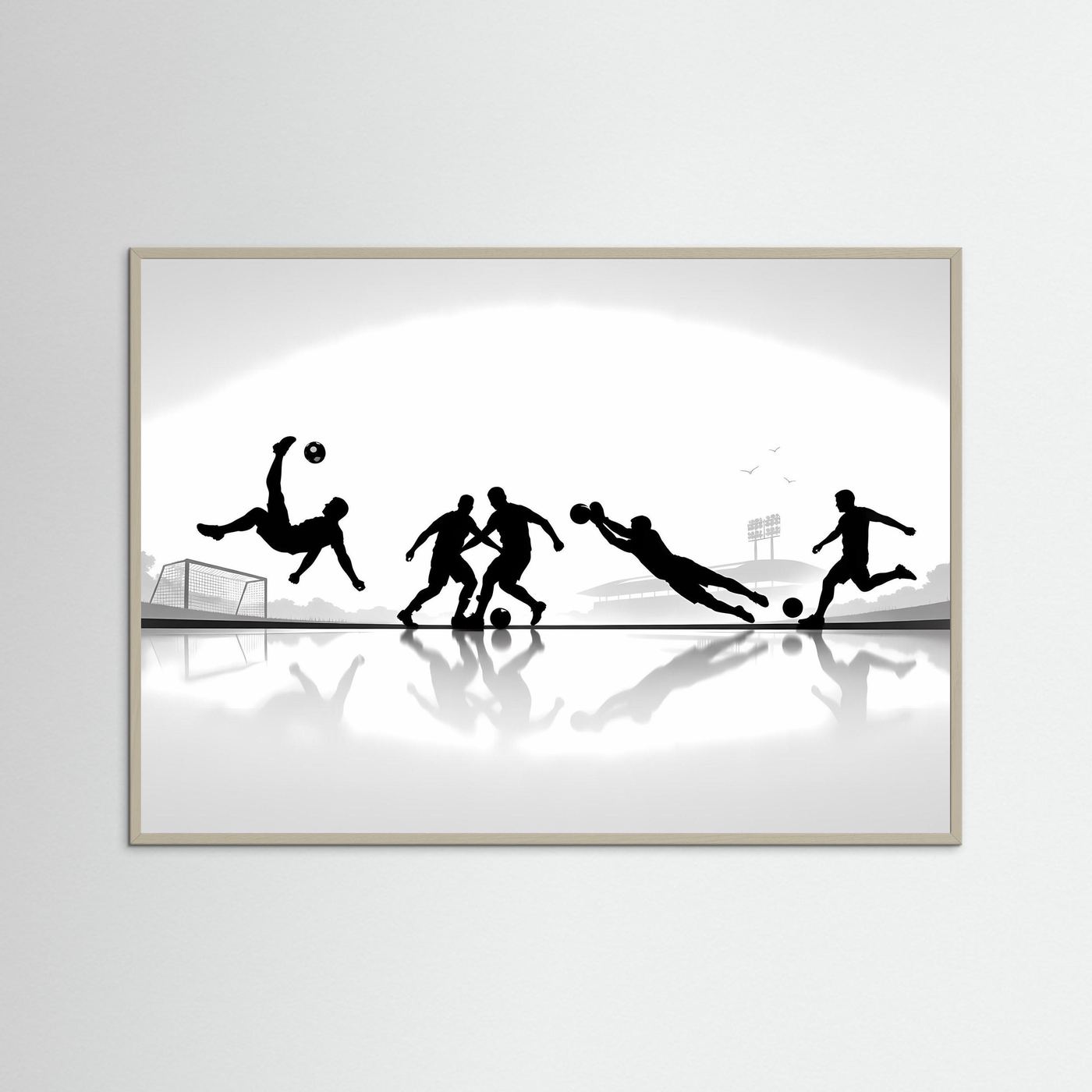 Fußball-Poster im beigen Rahmen mit schwarzweißen Spieler-Silhouetten, Querformat