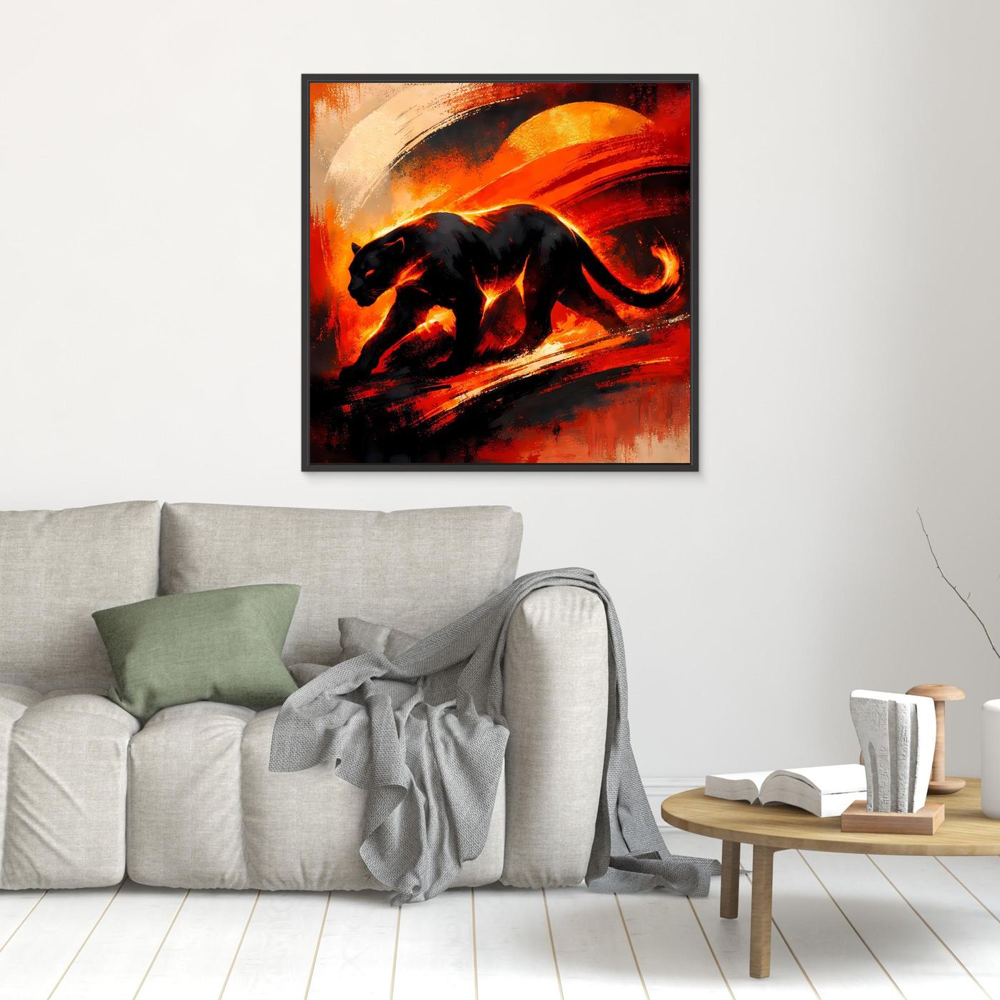 Kleines Leinwandbild mit schwarzem Panther in abstraktem Feuerrot, schwarzer Rahmen