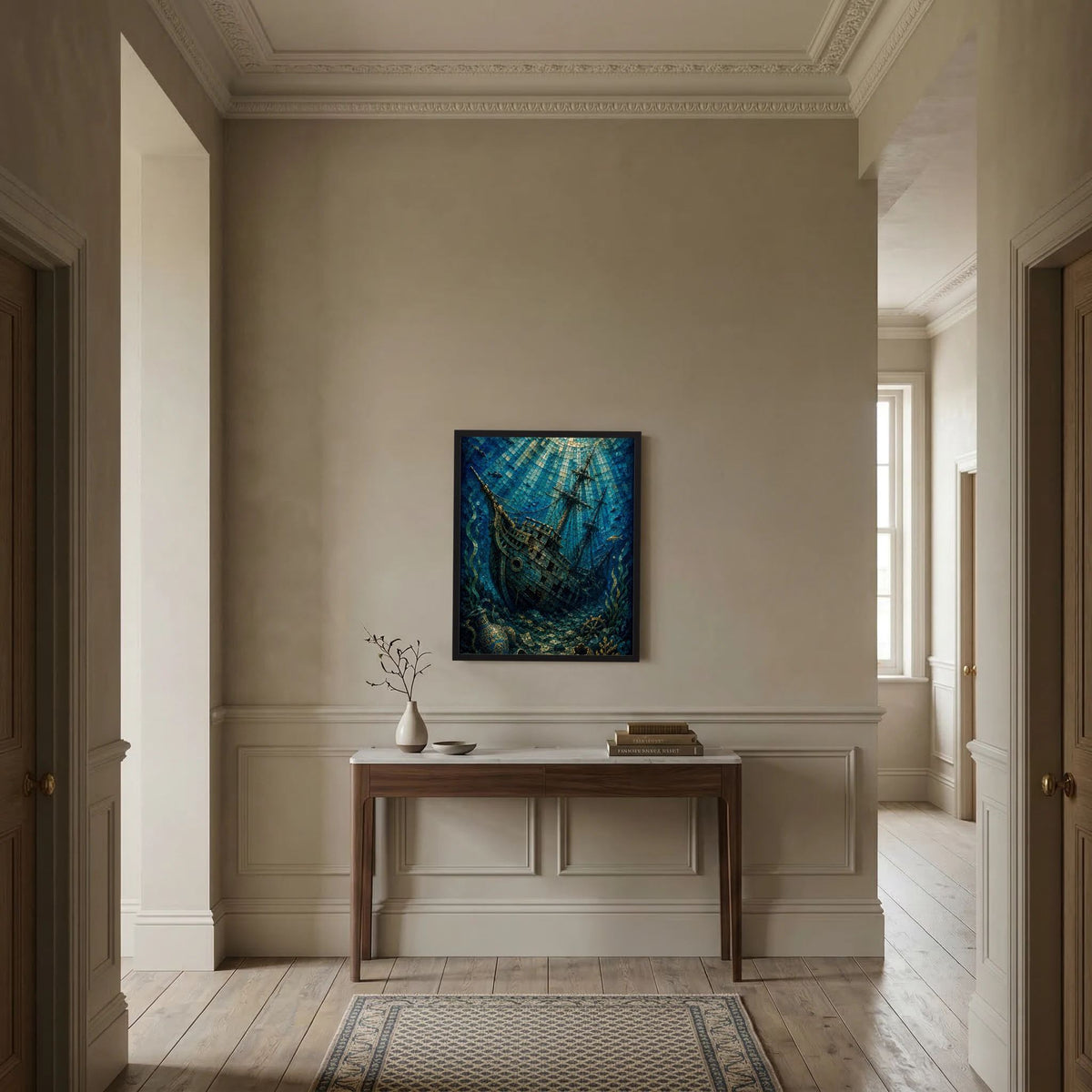 Wandposter mit Segelschiff im Mosaikstil, blau-grün, im dunklen Rahmen