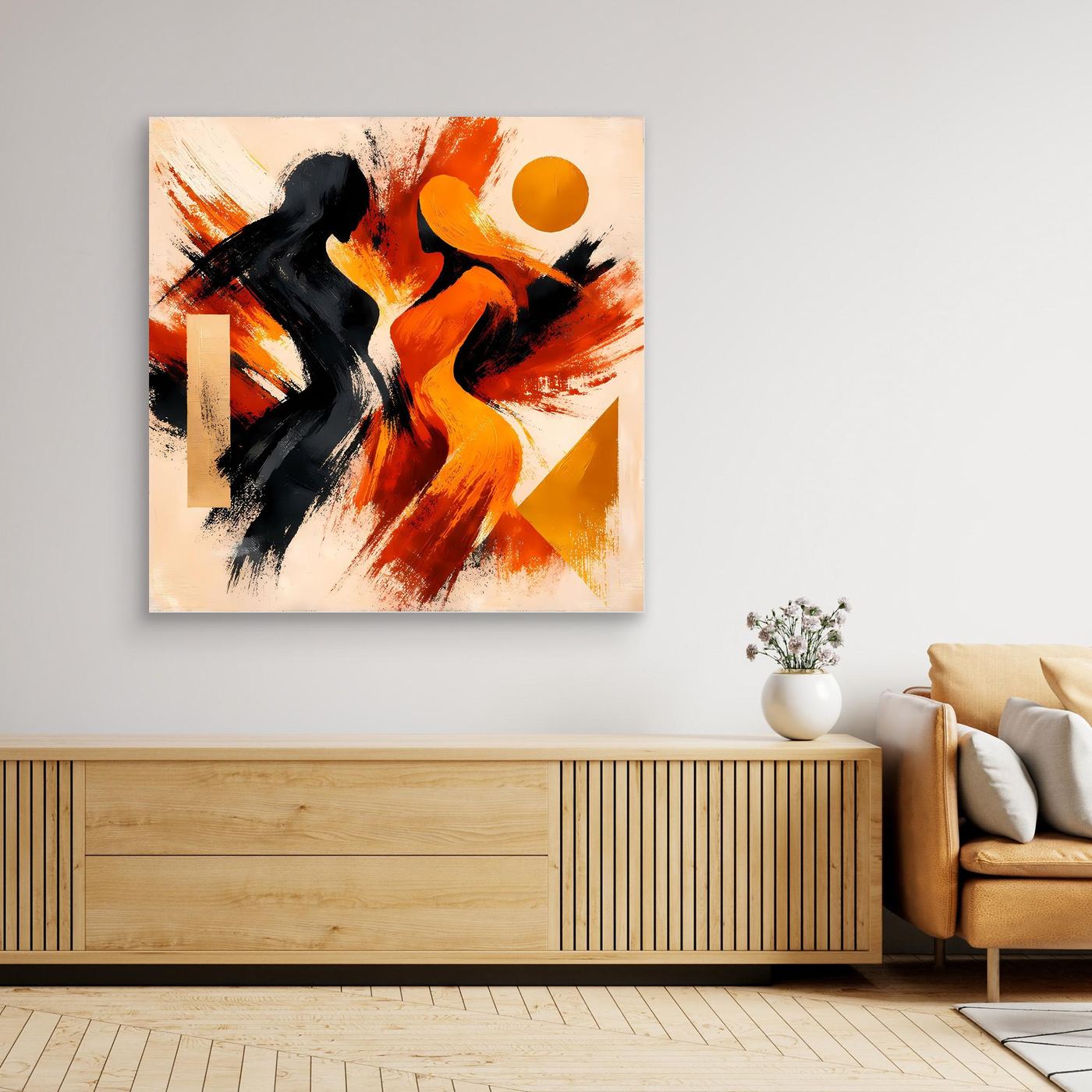 Großes gerahmtes Leinwandbild mit abstrakten schwarzen Silhouetten, Orange und Gelb