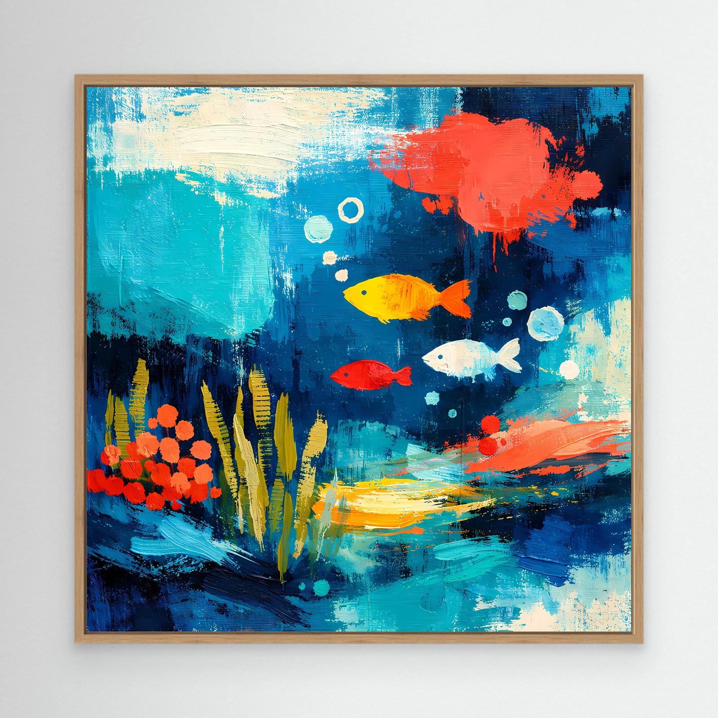 Underwater abstract wall canvas with fish and coral, oak frame, blue and red colors