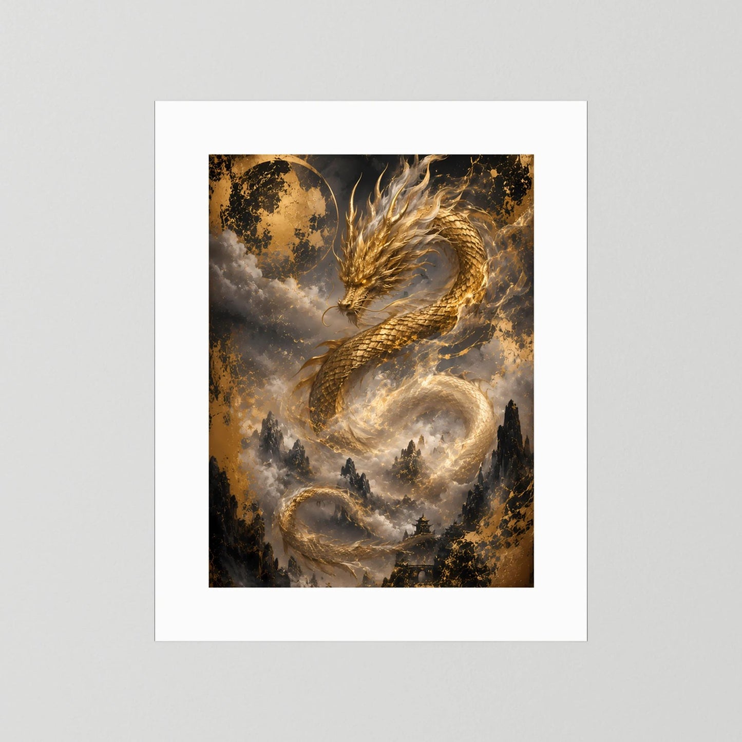 Hochformat-Poster mit goldenem Drachenmotiv in weißem Passepartout