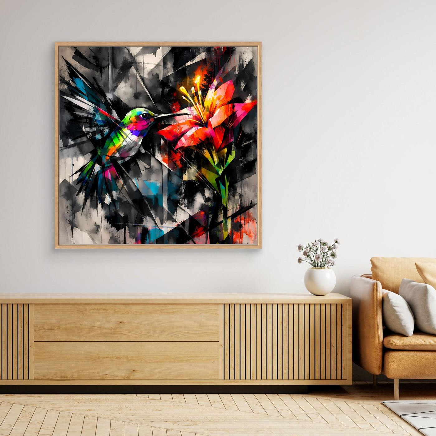 Leinwandbild Farbintensiver Kolibri | Abstraktes Geometrisches Wandbild auf Keilrahmen
