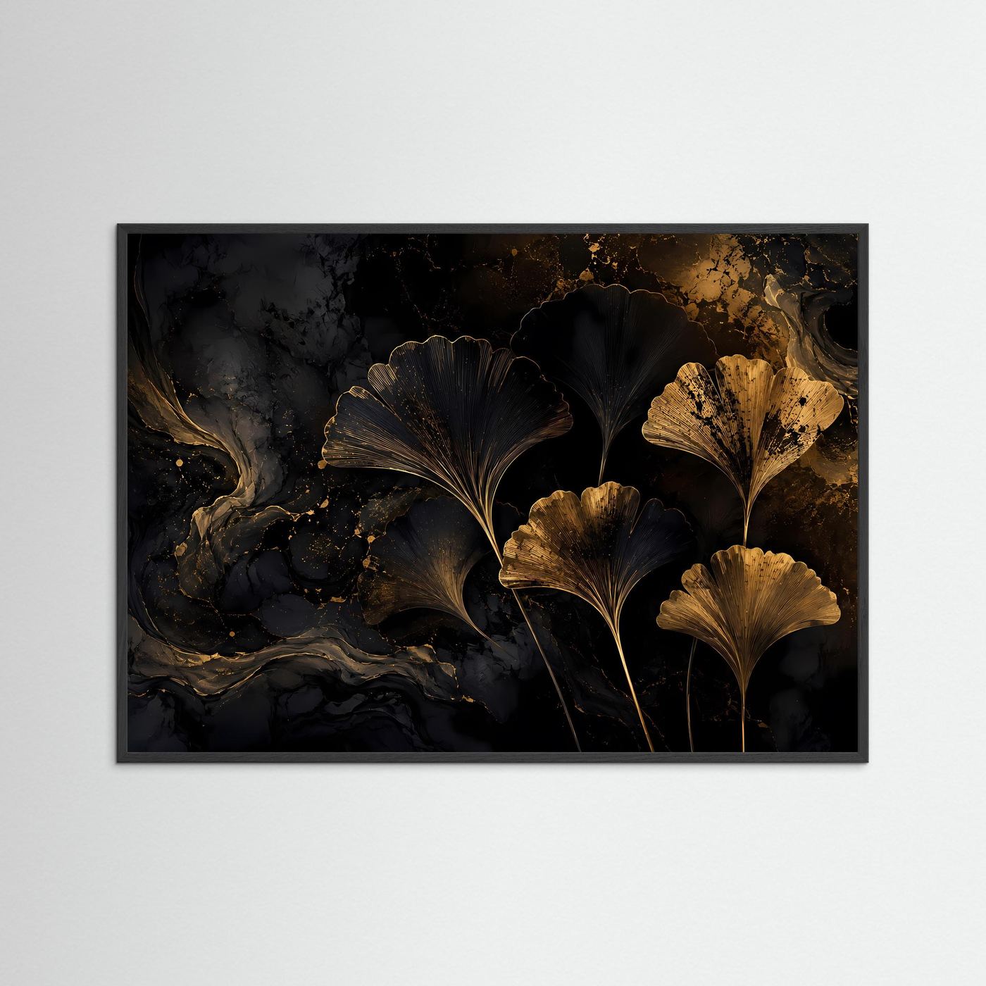 Ginkgo Poster Gold Schwarz | Abstrakte Botanische Wandkunst | Elegante Ginkgo Blätter | Luxuriöses Leinwandbild | Moderne Fine Art | Gold Wanddeko