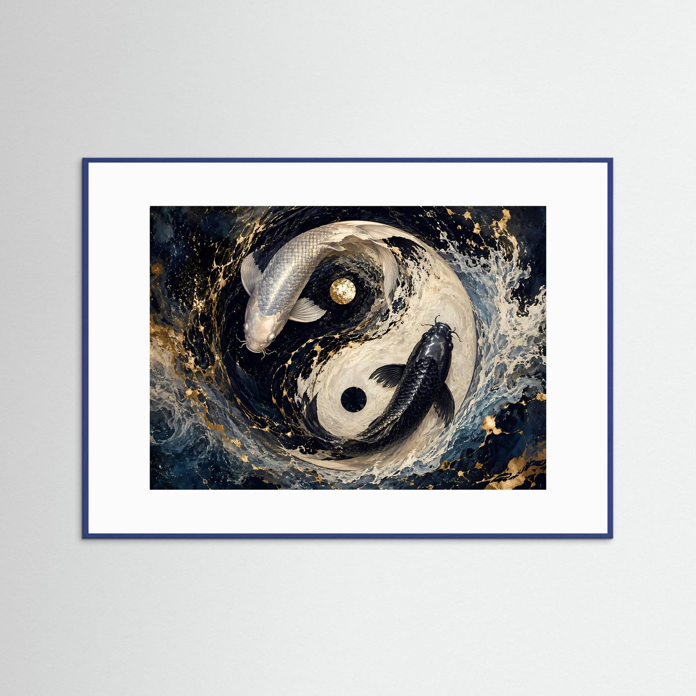 Koi Fische Yin Yang in Schwarz Weiß & Gold | Asiatische Zen Wandkunst