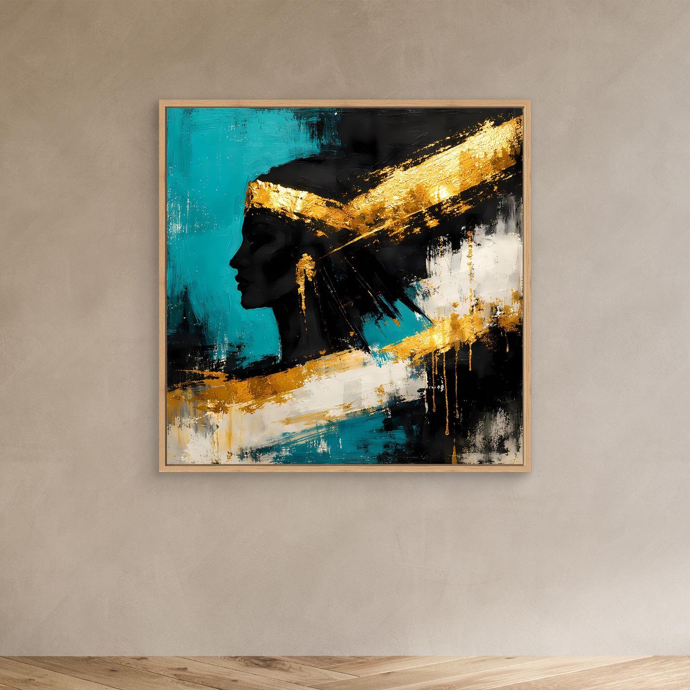 Abstraktes Leinwand-Wandbild mit Frauensilhouette, Schwarz-Türkis-Gold, im hellem Holzrahmen