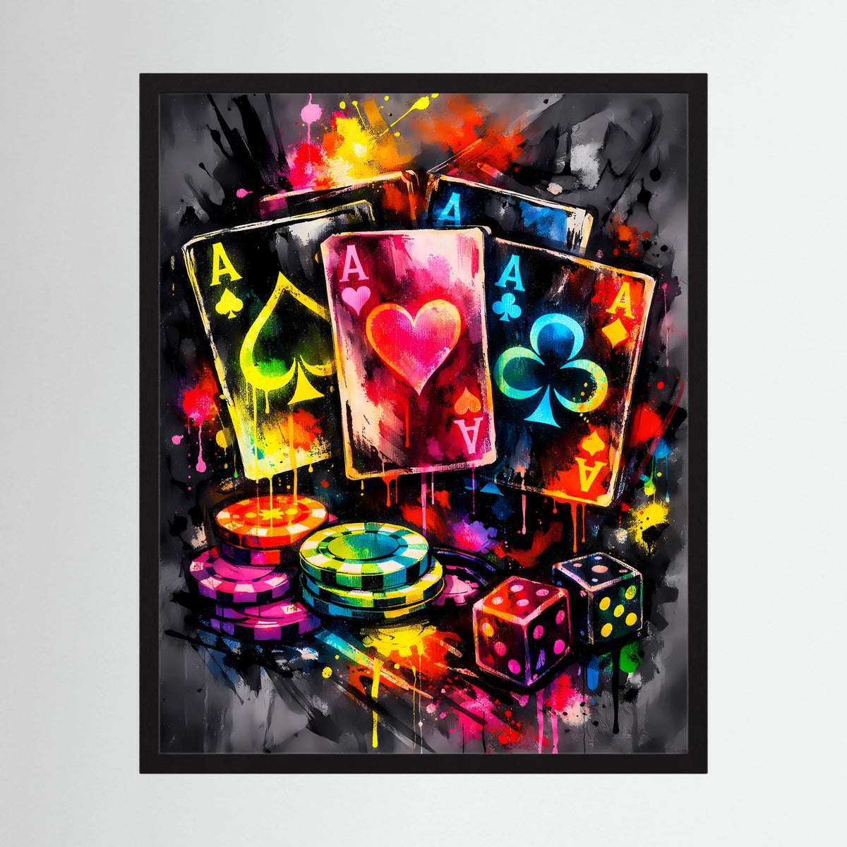 Kunstposter mit schwarzer Umrahmung: Neon-Pokerkarten, Pokerchips und Würfel, buntes Spritzdesign