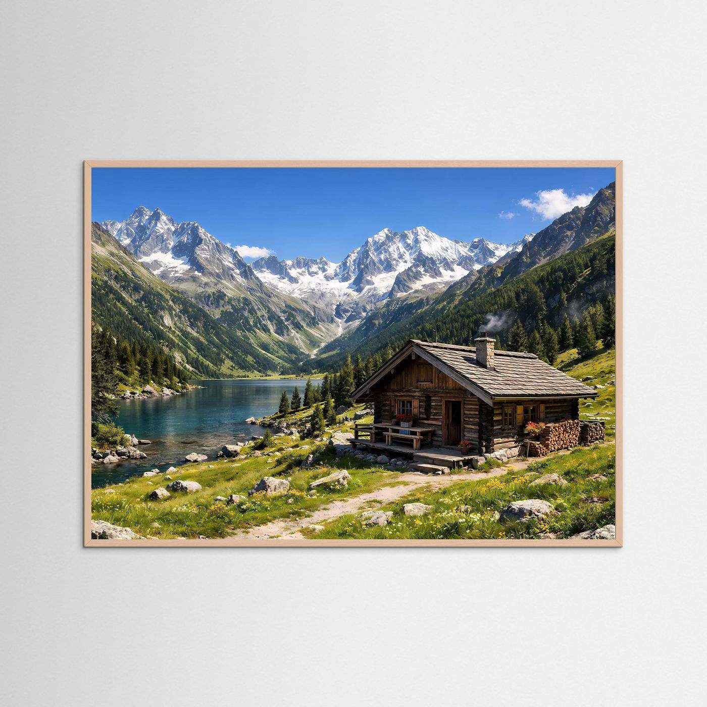 Alpenpanorama mit gemütlicher Hütte | Bergsee & Natur Poster Querformat