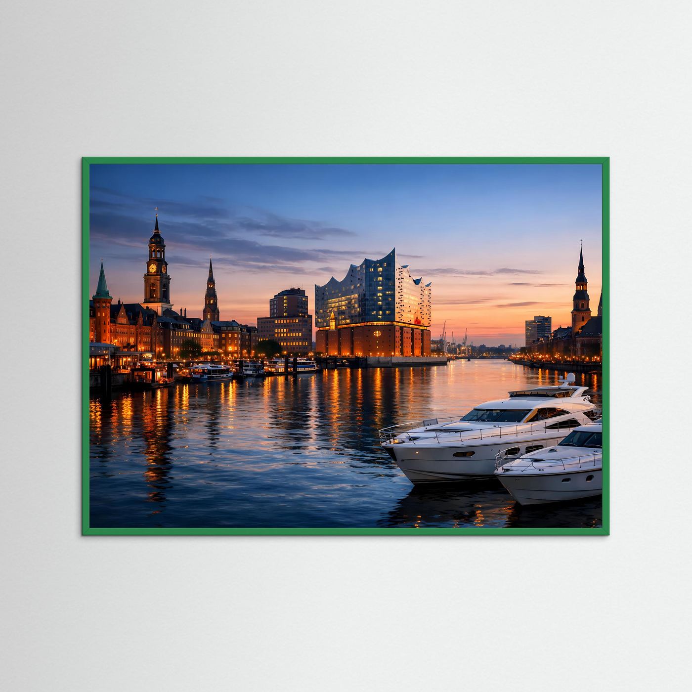 Hamburg-Stadtpanorama-Poster mit Elbphilharmonie bei Dämmerung, grüner Rahmen, Querformat