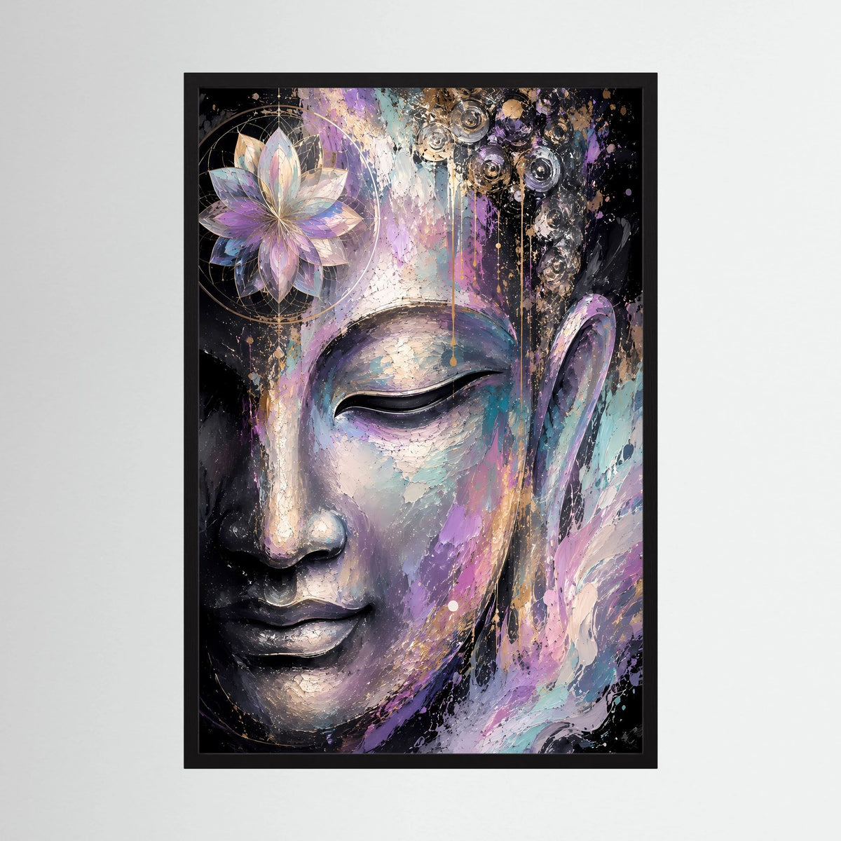 Kunstposter im schwarzen Rahmen mit abstraktem Buddha-Gesicht und Lotus in Pastell & Gold