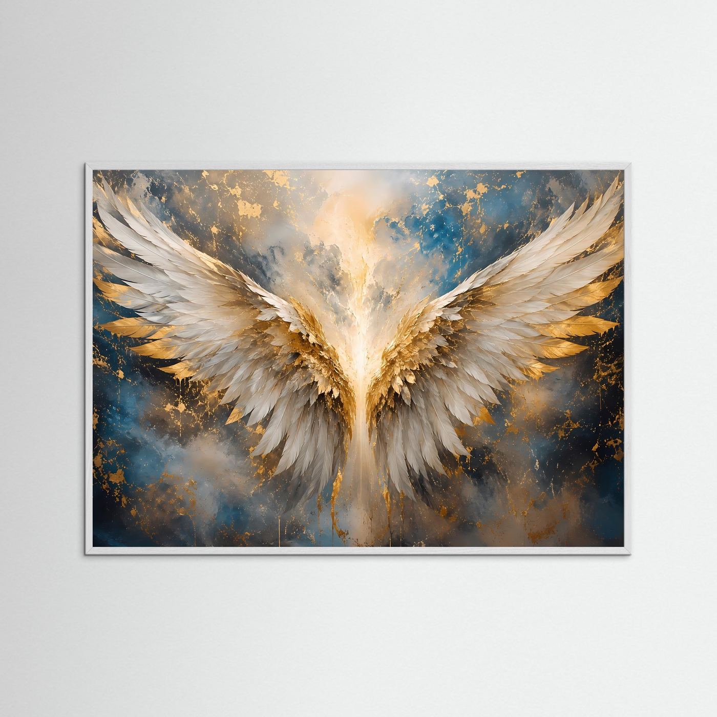 Engelsflügel-Poster Querformat mit weißem Holzrahmen, goldene und weiße Flügel